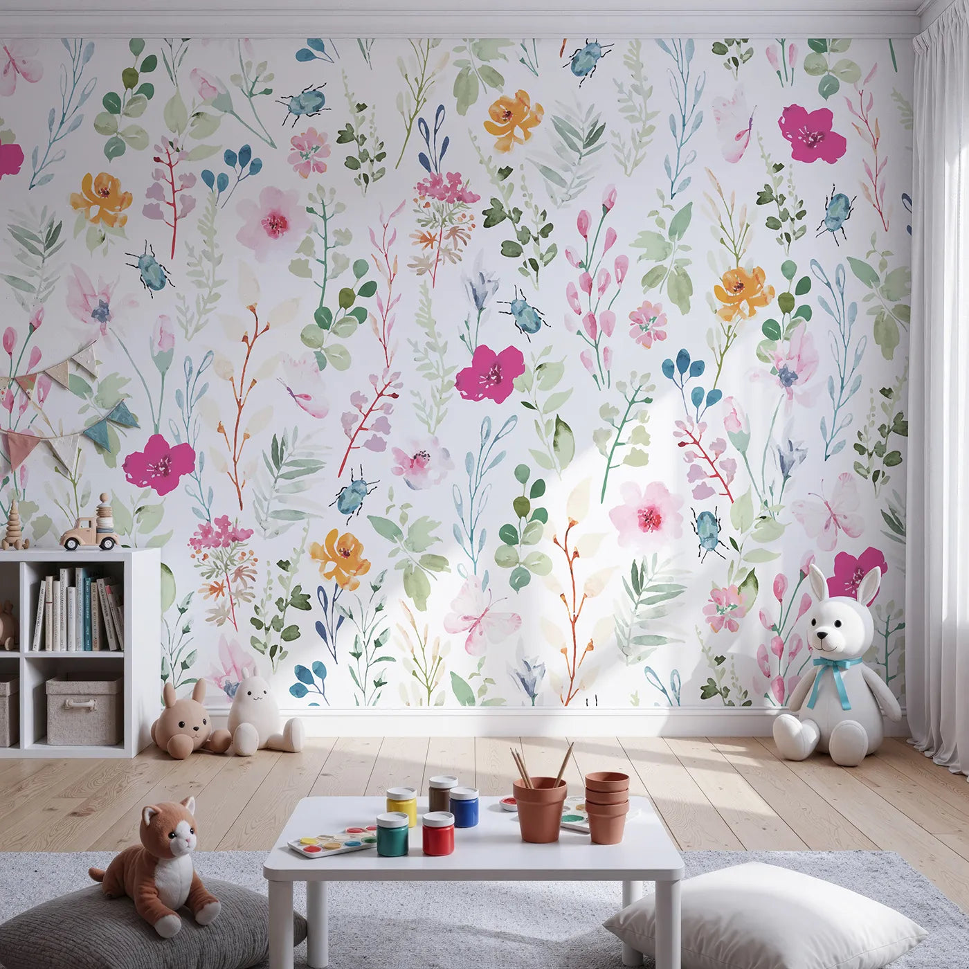 Front view of Whimsy Tots' Watercolor Wildflower Bugs Wall Mural