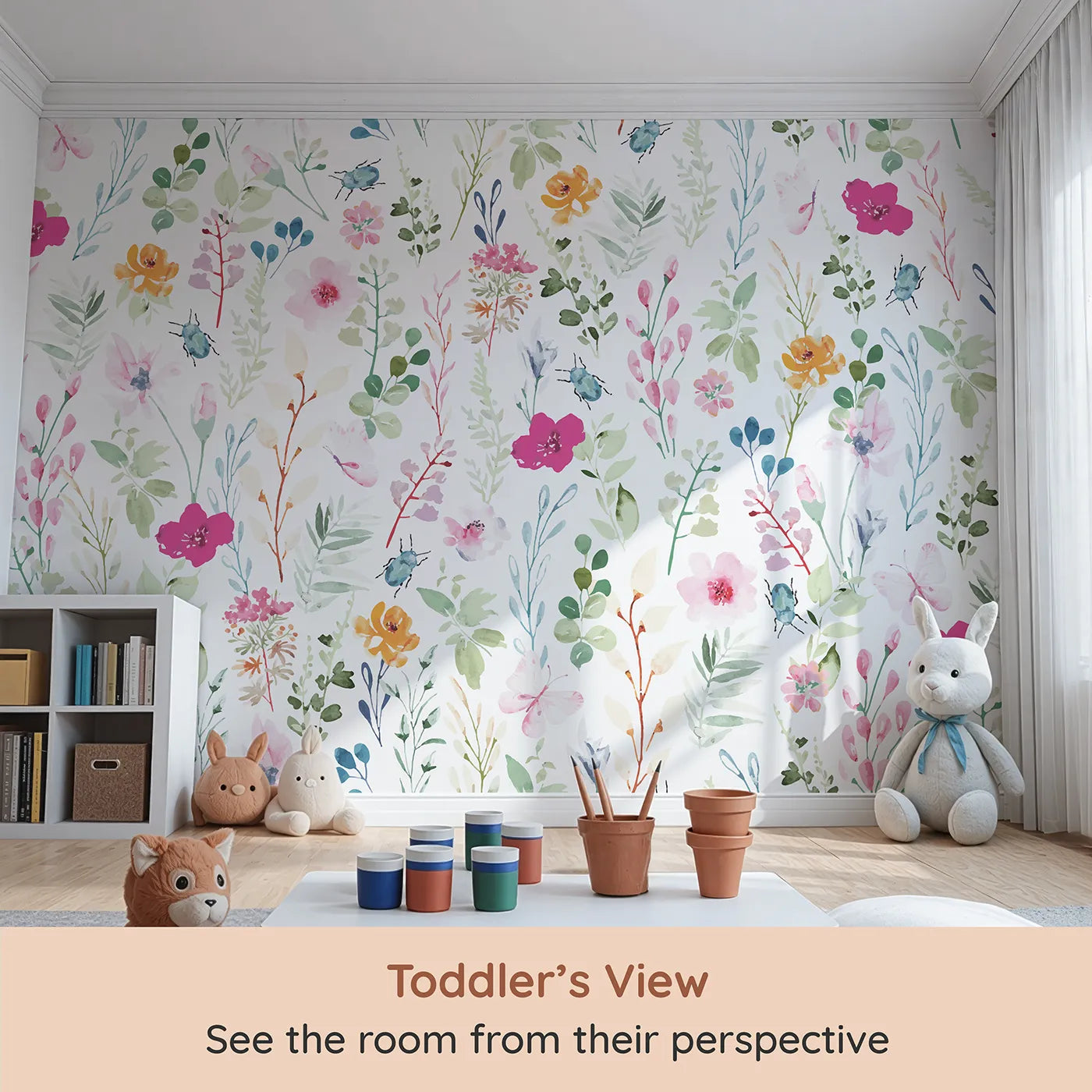 Whimsy Tots Watercolor Wildflower Bugs Wall Mural (Turn Their Room into a Gentle, Hand-Painted Meadow) from your child's view.Gender-Neutral