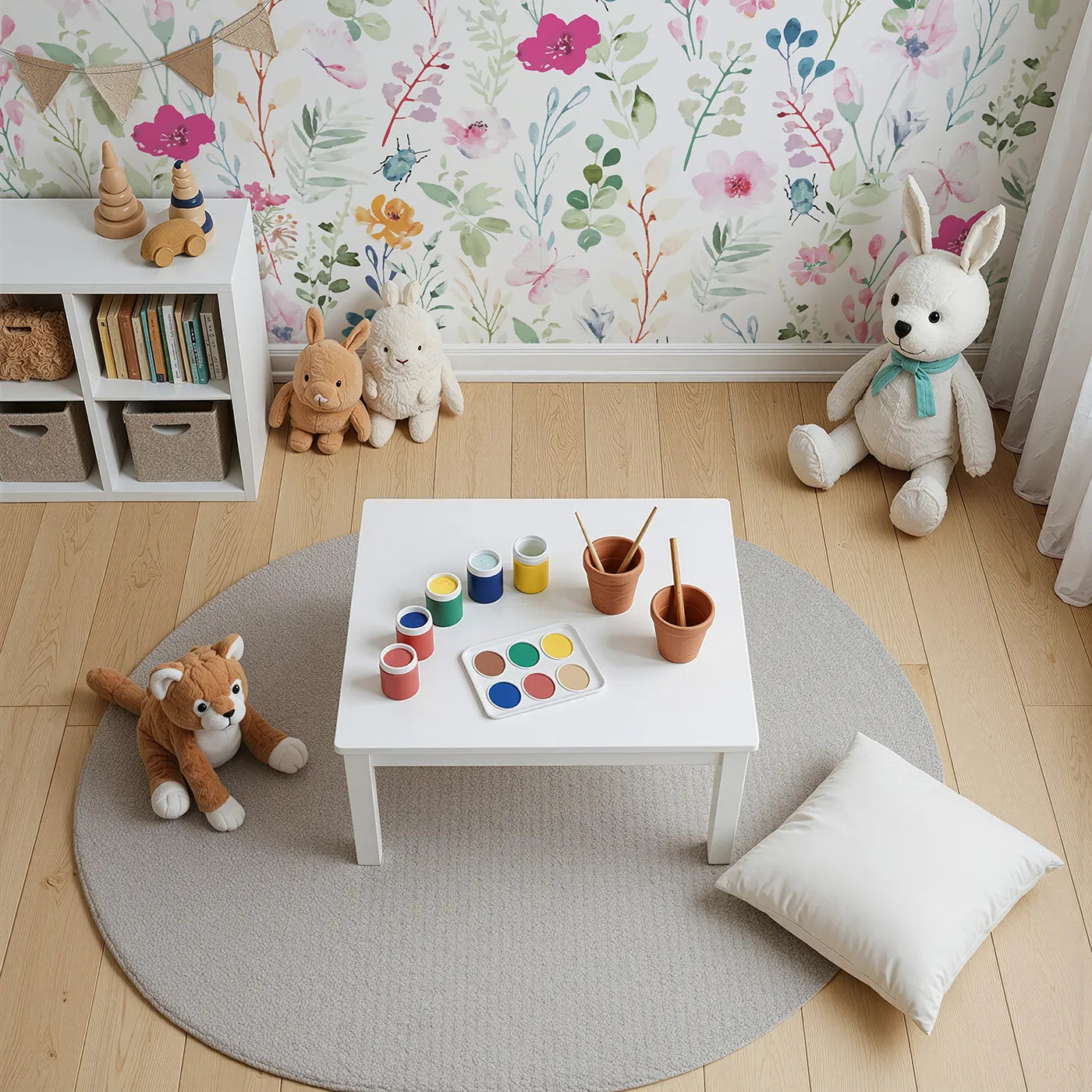 Top-down view of Whimsy Tots' Watercolor Wildflower Bugs Wall Mural (Turn Their Room into a Gentle, Hand-Painted Meadow).Gender-Neutral