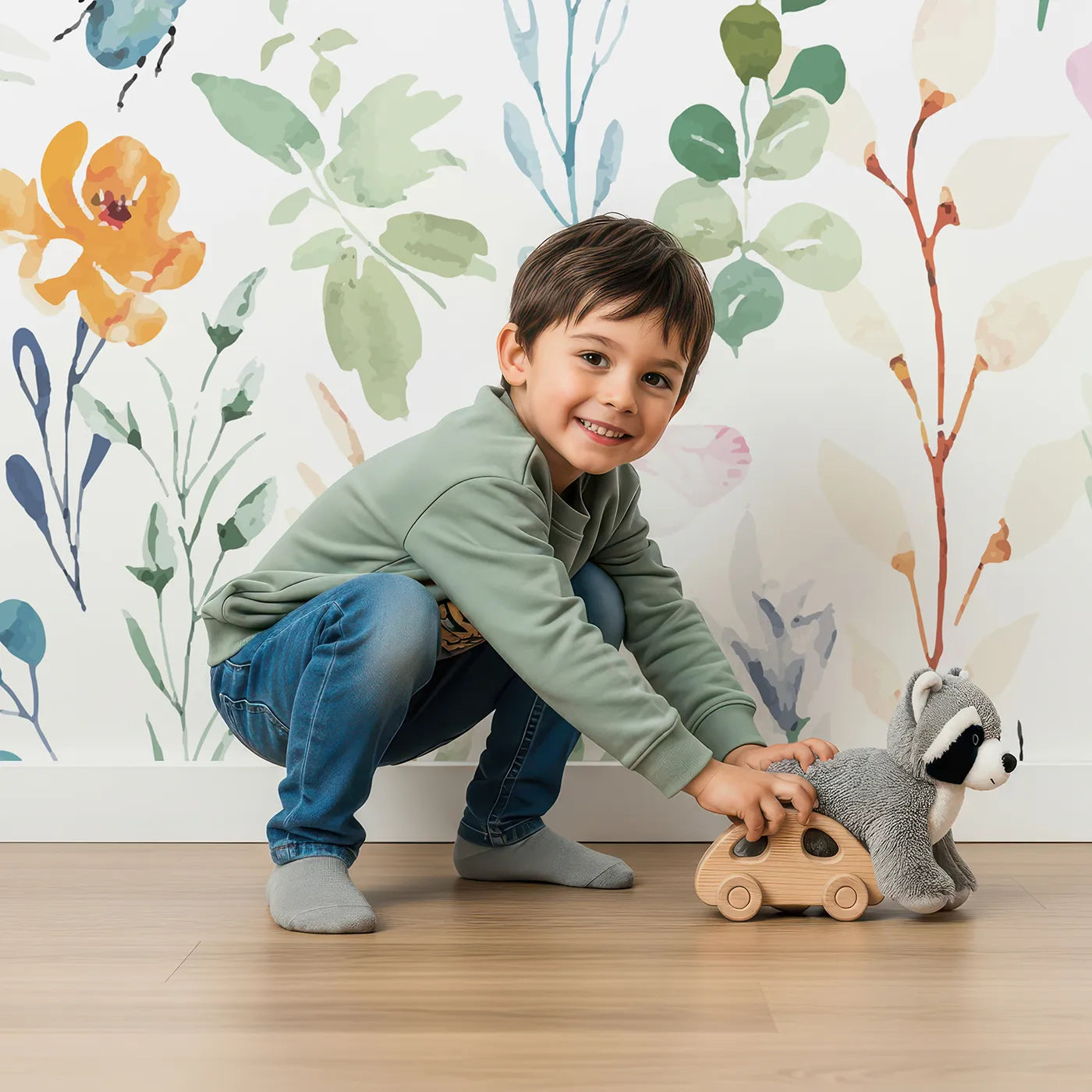 Child in front of Whimsy Tots Watercolor Wildflower Bugs Wall Mural with flower, wildflower, watercolor, floral, pattern, pink, blue, bug in design.