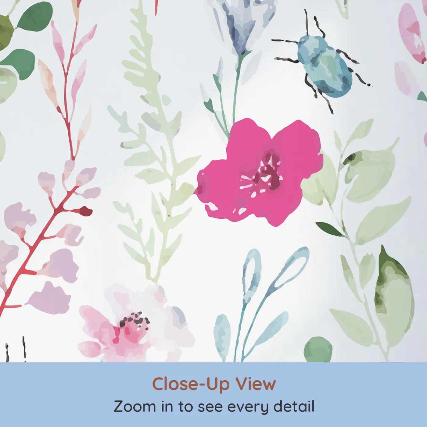 Close-up view of Whimsy Tots' Watercolor Wildflower Bugs Wall Mural (Turn Their Room into a Gentle, Hand-Painted Meadow).Gender-Neutral