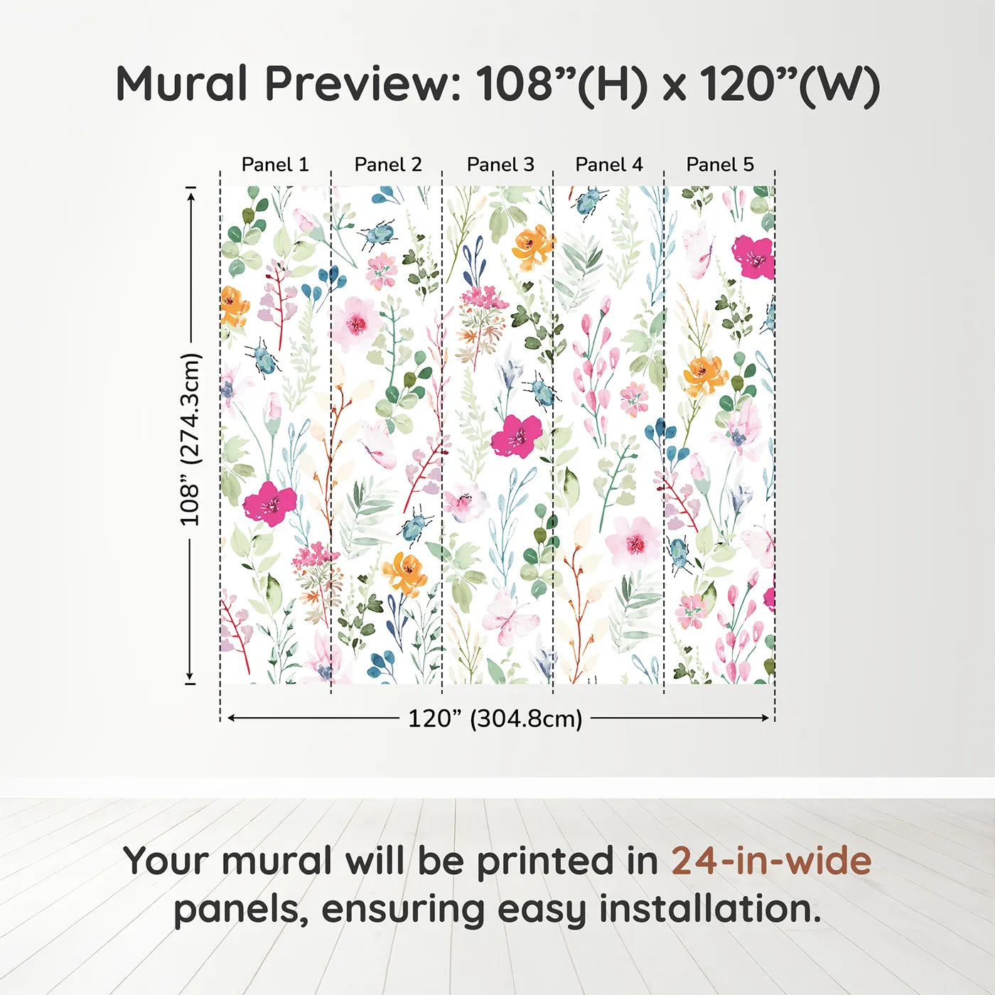 Whimsy Tots Watercolor Wildflower Bugs Wall Muraldimension view (108" H x 120" W). Printed in five 24-inch-wide panels. Gender-Neutral