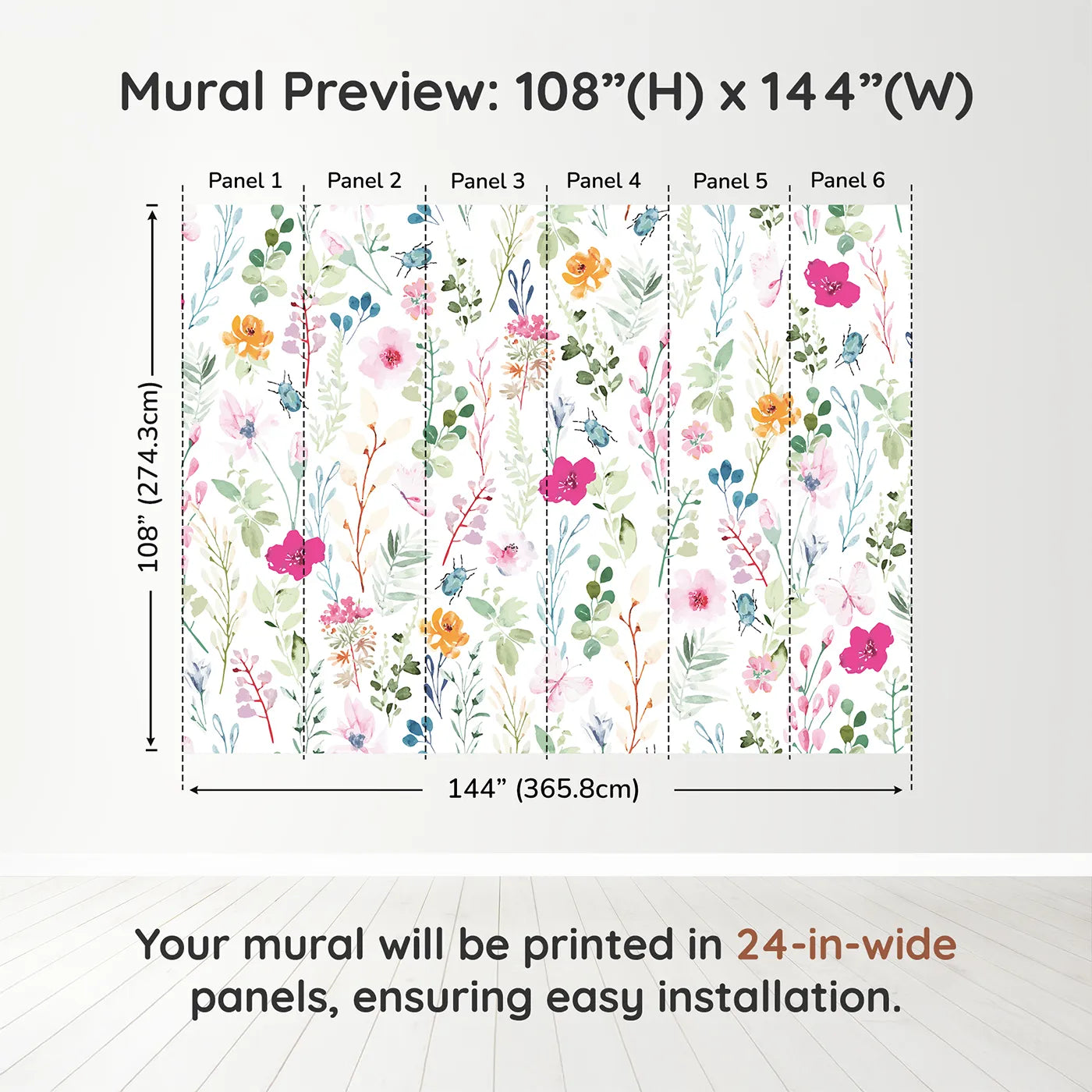 Whimsy Tots Watercolor Wildflower Bugs Wall Muraldimension view (108" H x 144" W). Printed in six 24-inch-wide panels. Gender-Neutral