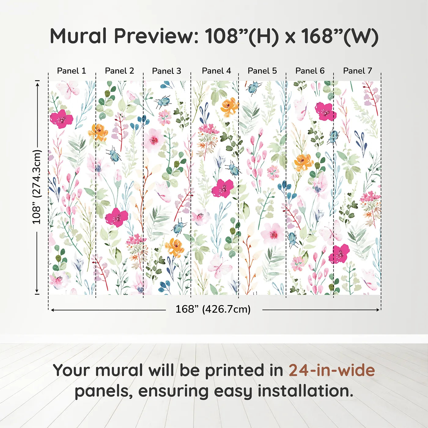 Whimsy Tots Watercolor Wildflower Bugs Wall Muraldimension view (108" H x 168" W). Printed in seven 24-inch-wide panels. Gender-Neutral