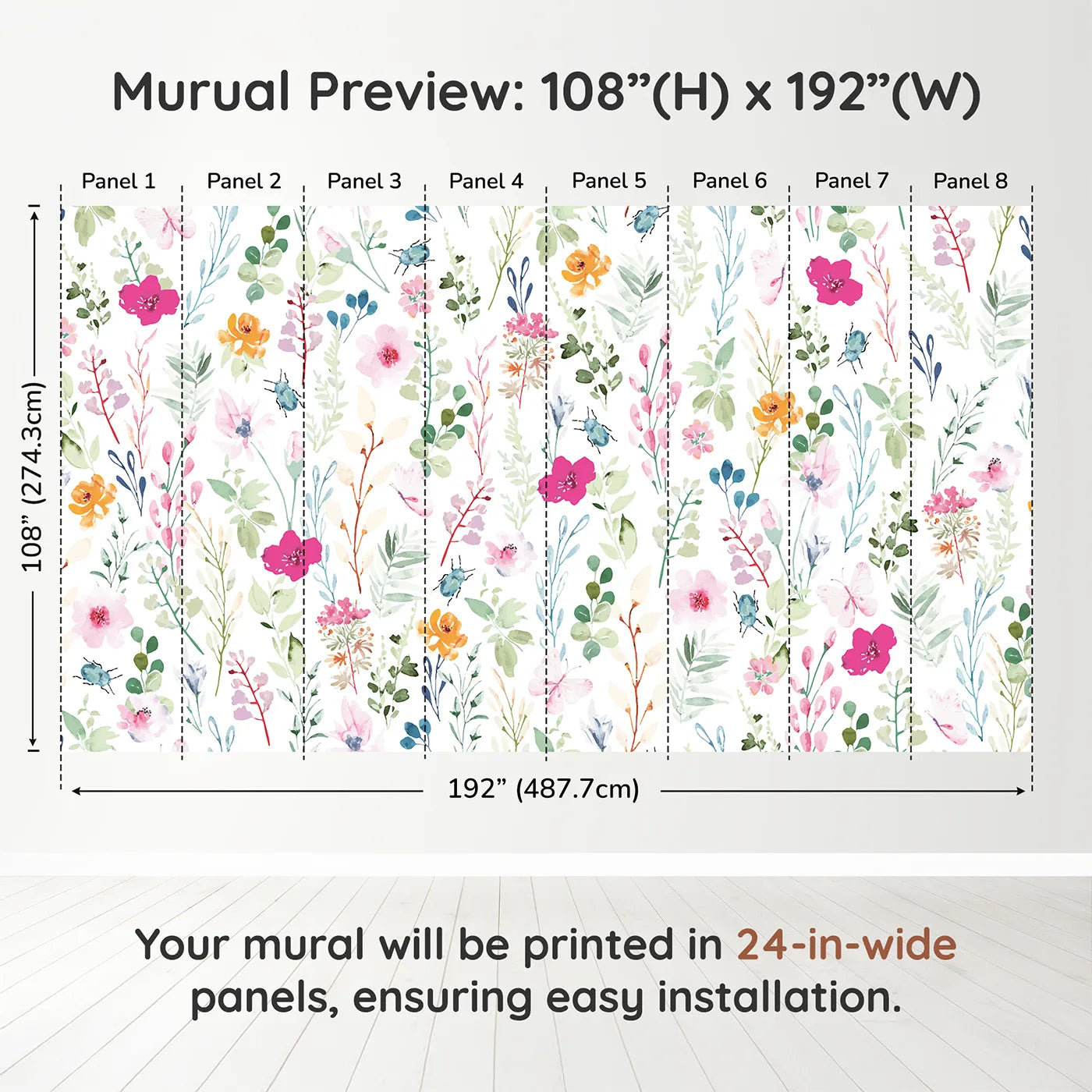 Whimsy Tots Watercolor Wildflower Bugs Wall Muraldimension view (108" H x 192" W). Printed in eight 24-inch-wide panels. Gender-Neutral