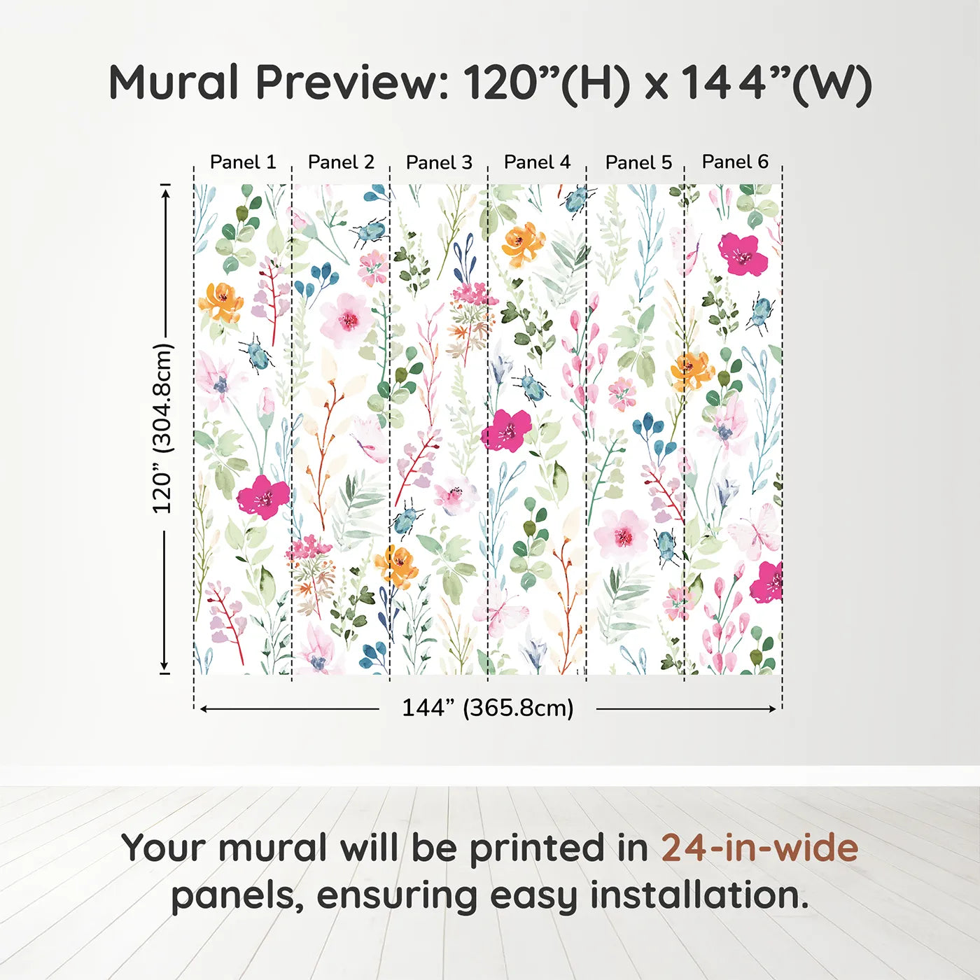 Whimsy Tots Watercolor Wildflower Bugs Wall Muraldimension view (120" H x 144" W). Printed in six 24-inch-wide panels. Gender-Neutral