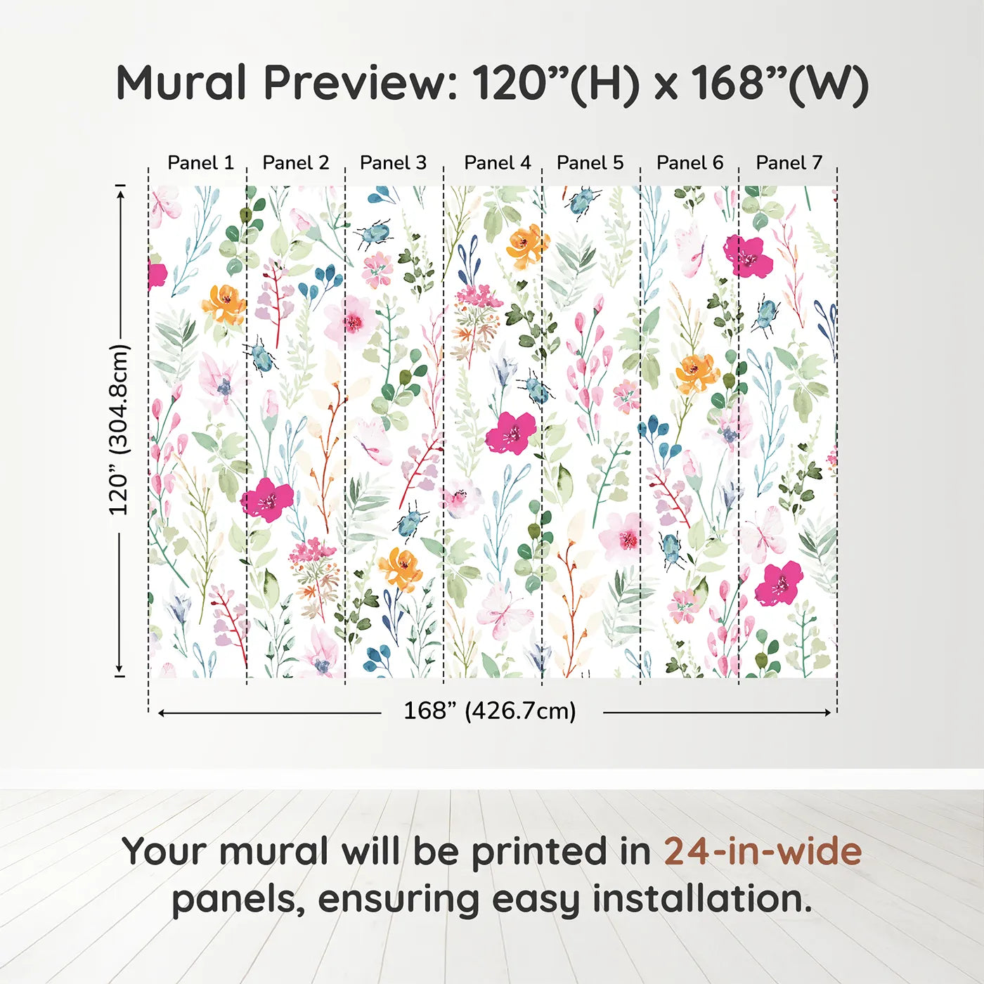 Whimsy Tots Watercolor Wildflower Bugs Wall Muraldimension view (120" H x 168" W). Printed in seven 24-inch-wide panels. Gender-Neutral