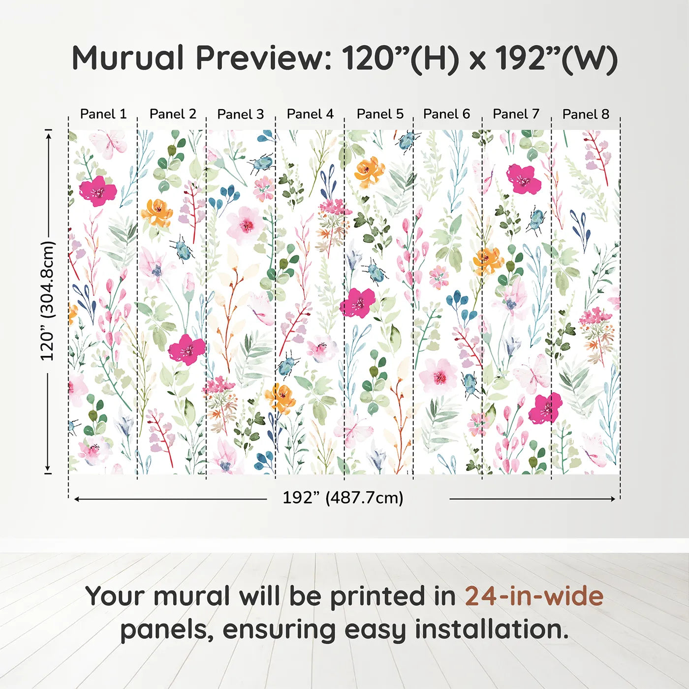 Whimsy Tots Watercolor Wildflower Bugs Wall Muraldimension view (120" H x 192" W). Printed in eight 24-inch-wide panels. Gender-Neutral