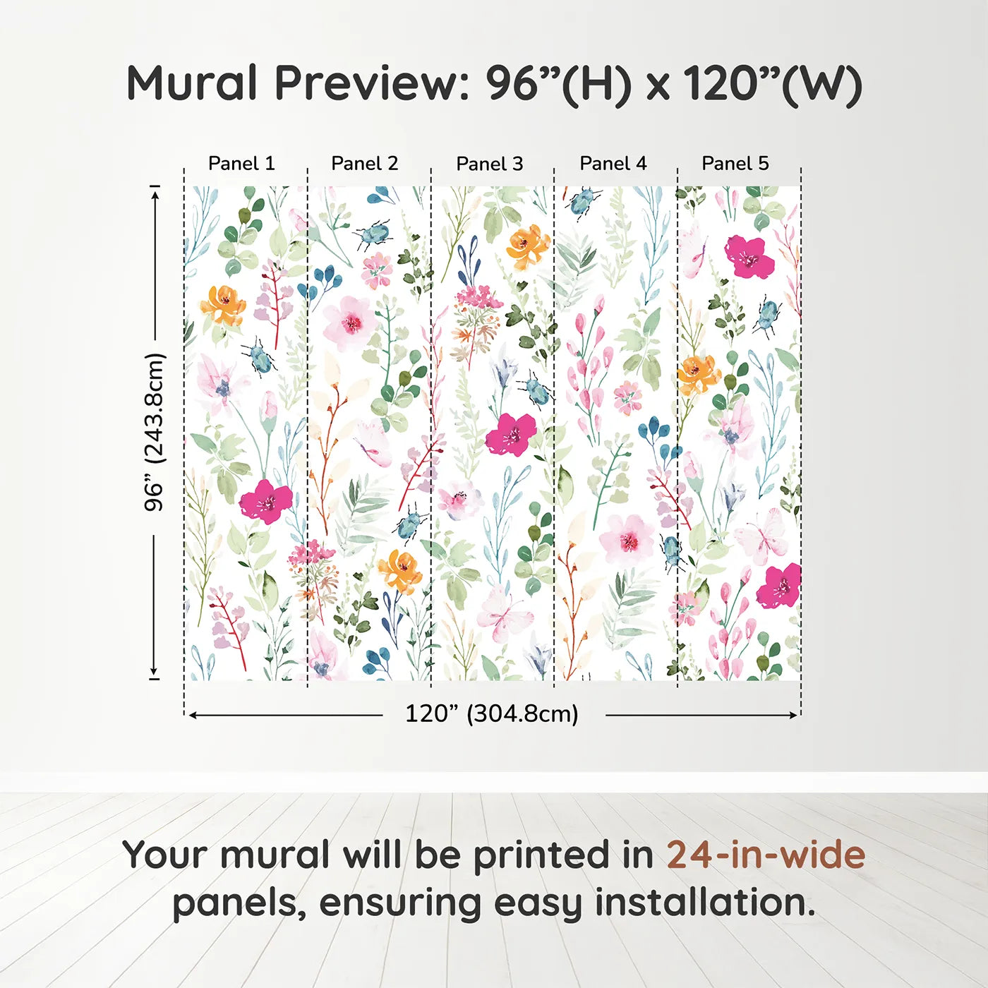 Whimsy Tots Watercolor Wildflower Bugs Wall Muraldimension view (96" H x 120" W). Printed in five 24-inch-wide panels. Gender-Neutral