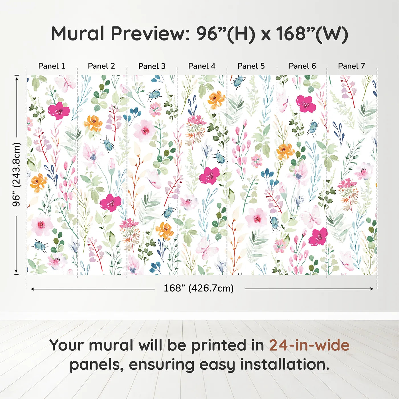 Whimsy Tots Watercolor Wildflower Bugs Wall Muraldimension view (96" H x 168" W). Printed in seven 24-inch-wide panels. Gender-Neutral