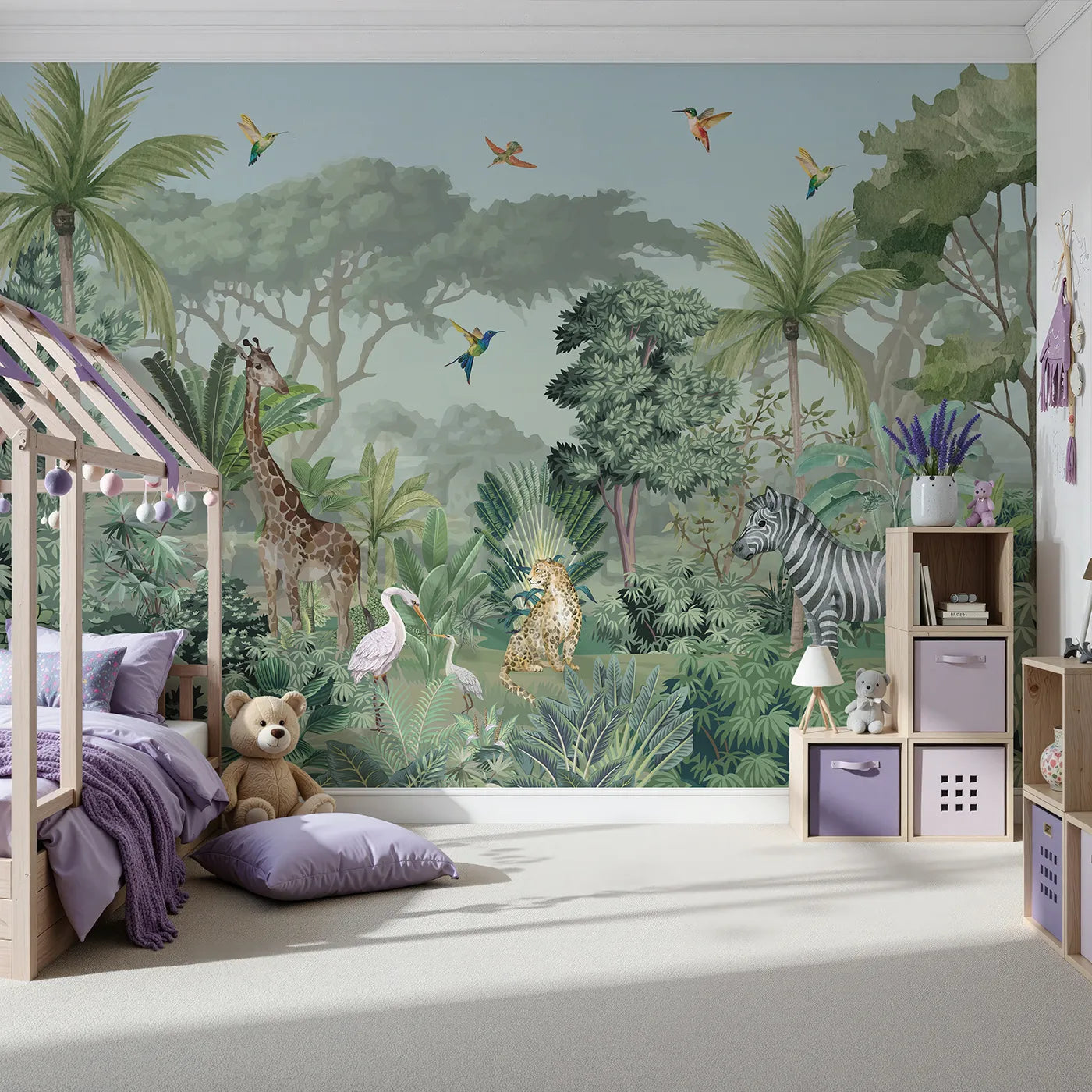 Front view of Whimsy Tots' Jungle Gathering Wall Mural in Green and Brown