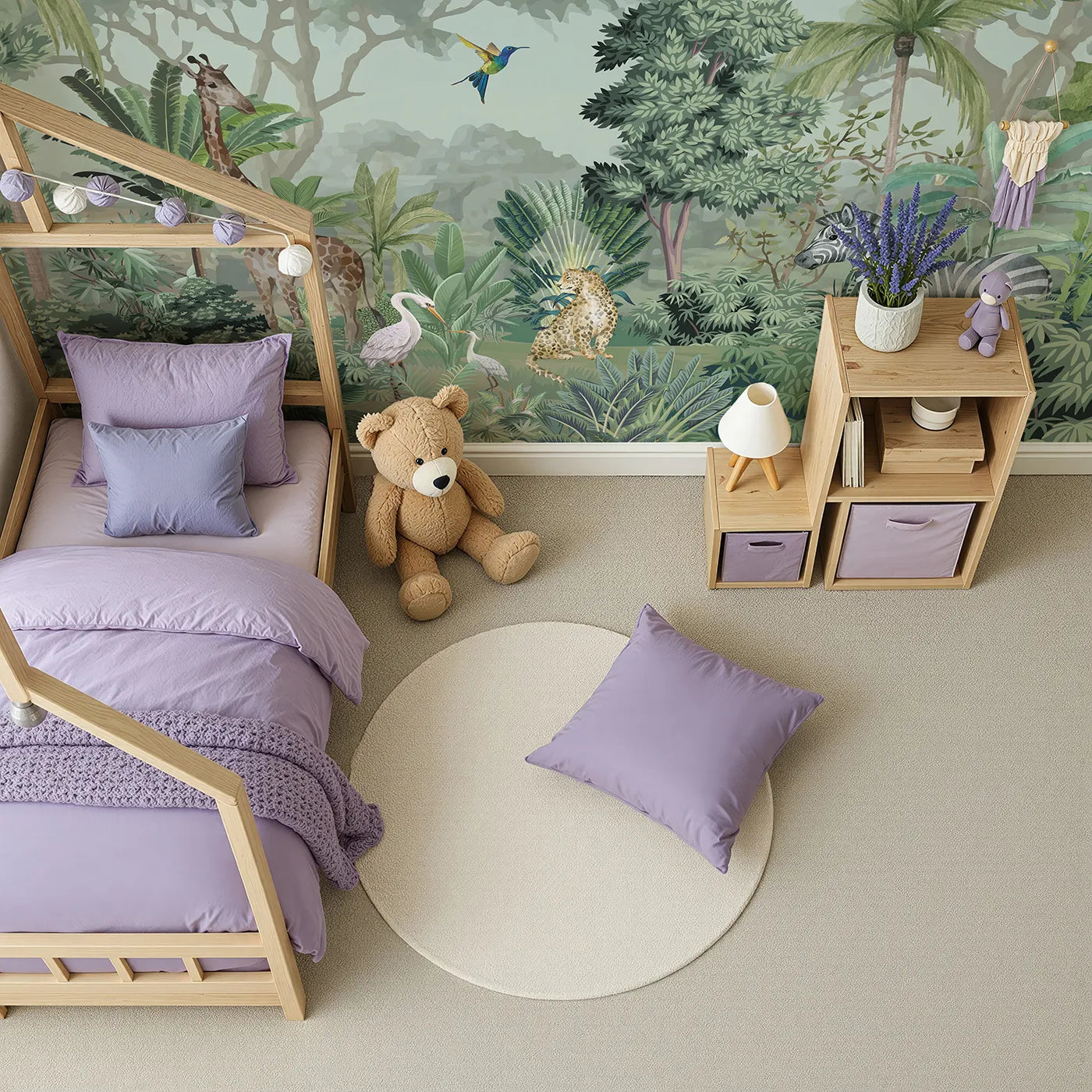 Top-down view of Whimsy Tots' Jungle Gathering Wall Mural in Green and Brown (Turn Their Room into a Majestic, Lifelike Safari).Gender-Neutral