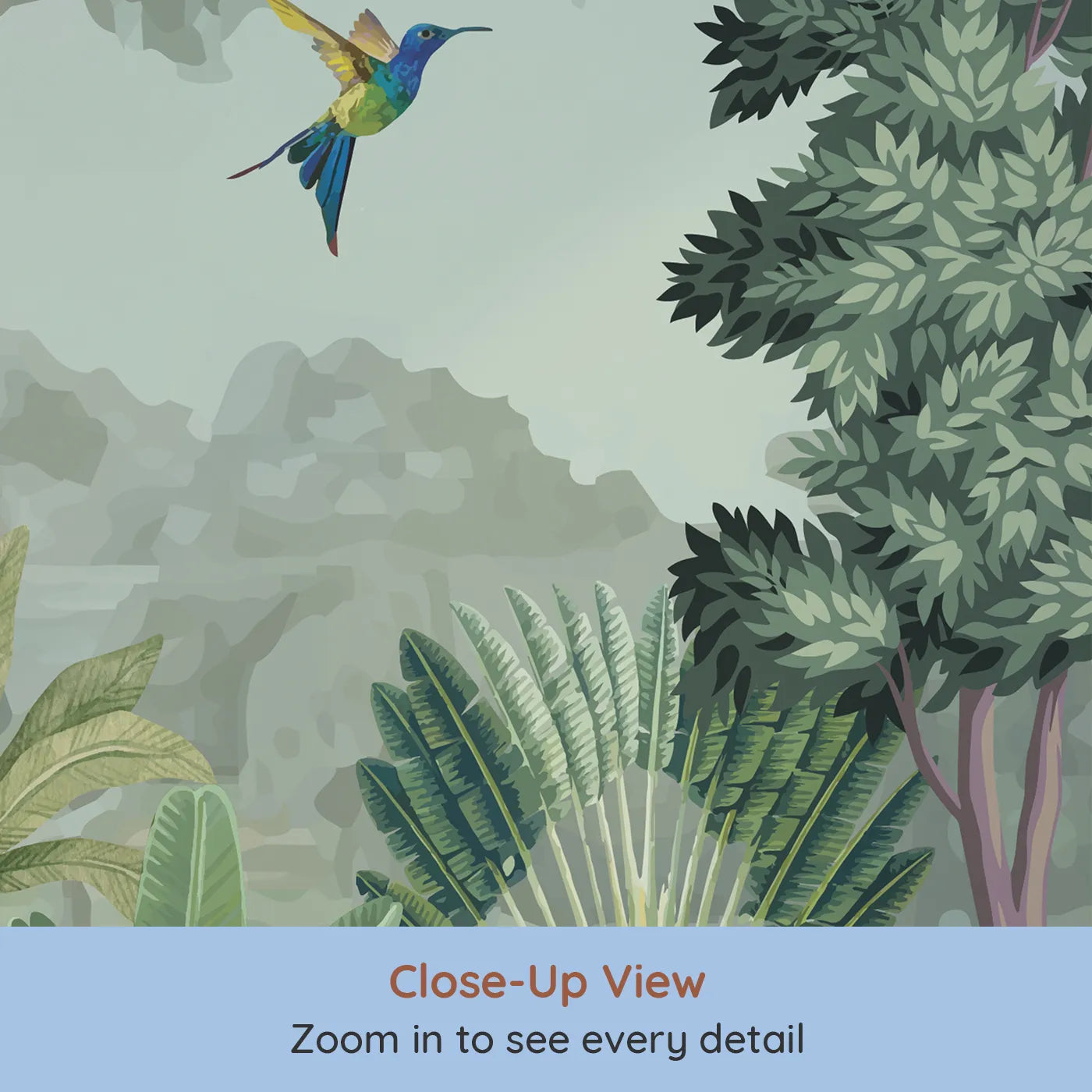 Close-up view of Whimsy Tots' Jungle Gathering Wall Mural in Green and Brown (Turn Their Room into a Majestic, Lifelike Safari).Gender-Neutral