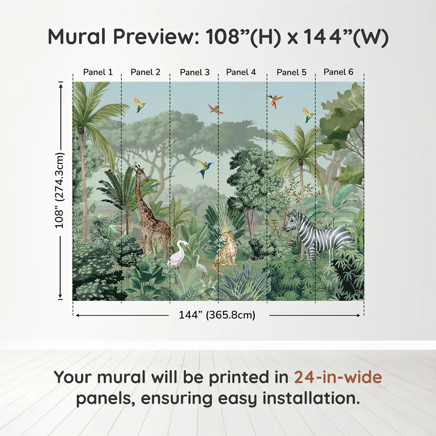 Whimsy Tots Jungle Gathering Wall Mural in Green and Browndimension view (108" H x 144" W). Printed in six 24-inch-wide panels. Gender-Neutral