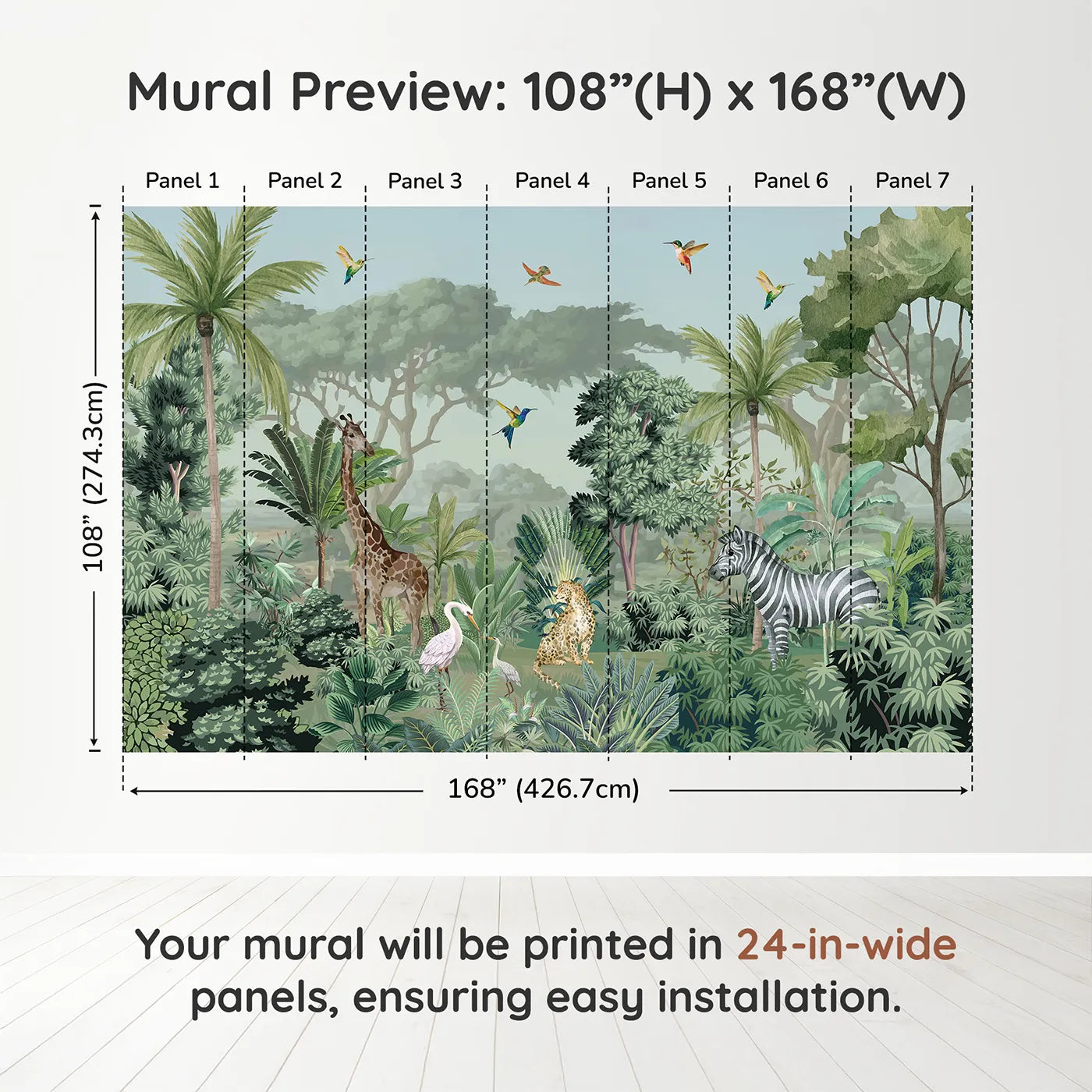 Whimsy Tots Jungle Gathering Wall Mural in Green and Browndimension view (108" H x 168" W). Printed in seven 24-inch-wide panels. Gender-Neutral