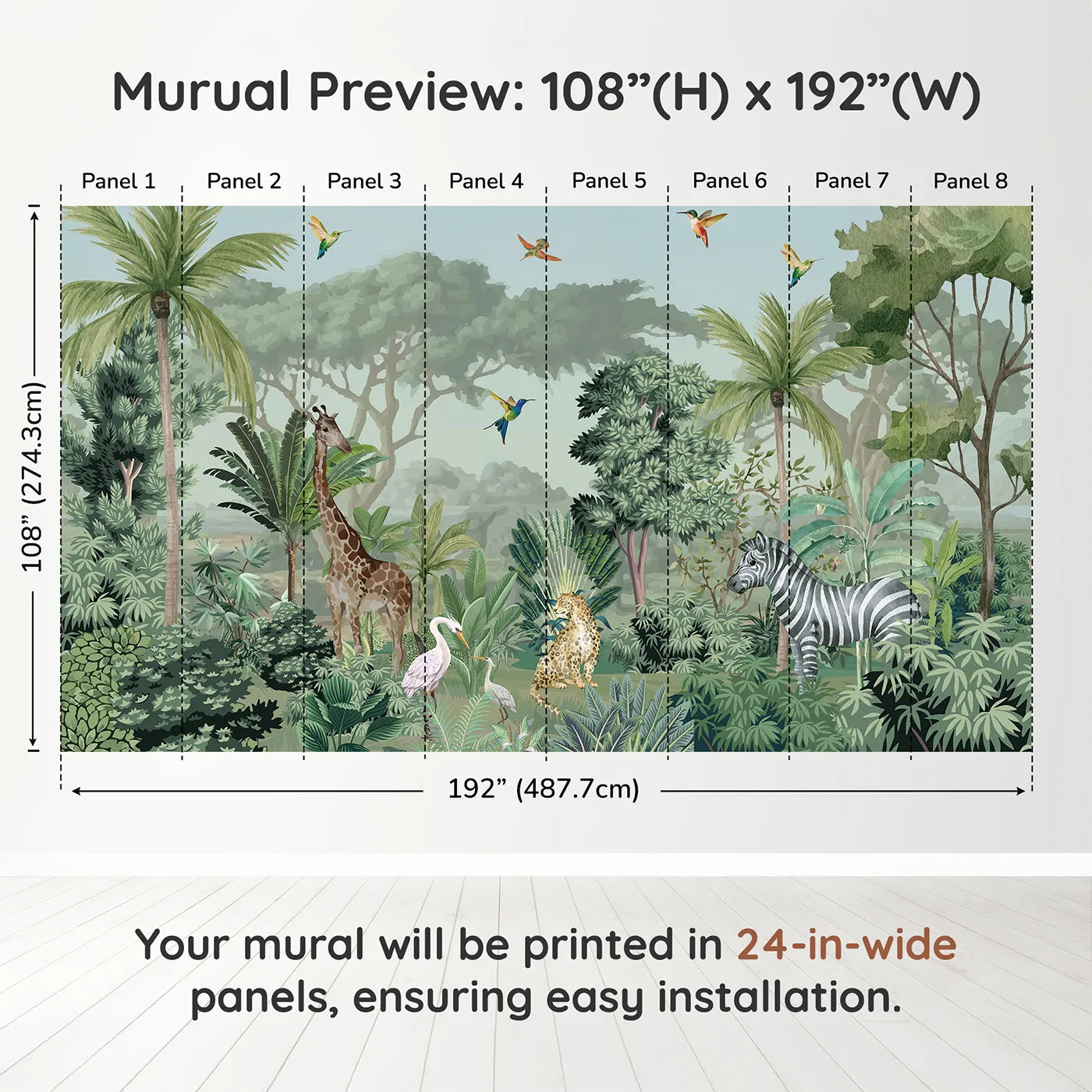 Whimsy Tots Jungle Gathering Wall Mural in Green and Browndimension view (108" H x 192" W). Printed in eight 24-inch-wide panels. Gender-Neutral