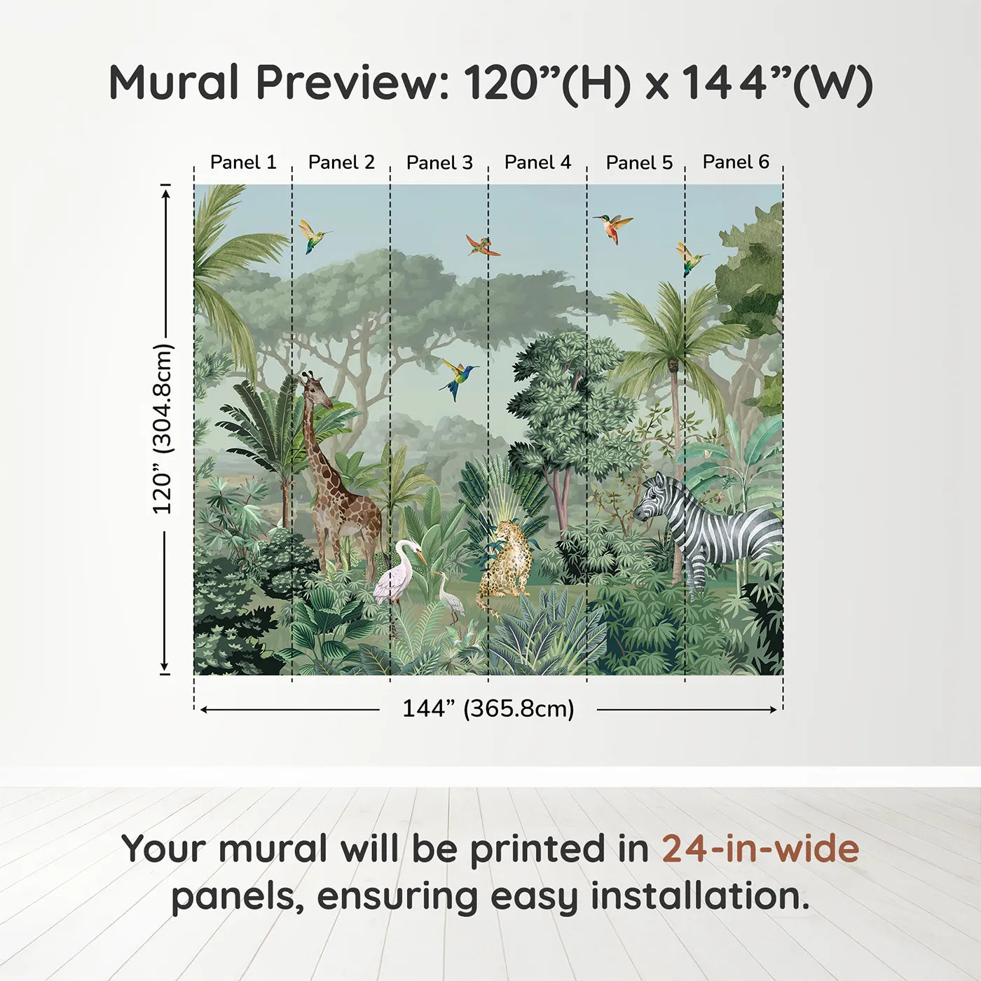 Whimsy Tots Jungle Gathering Wall Mural in Green and Browndimension view (120" H x 144" W). Printed in six 24-inch-wide panels. Gender-Neutral
