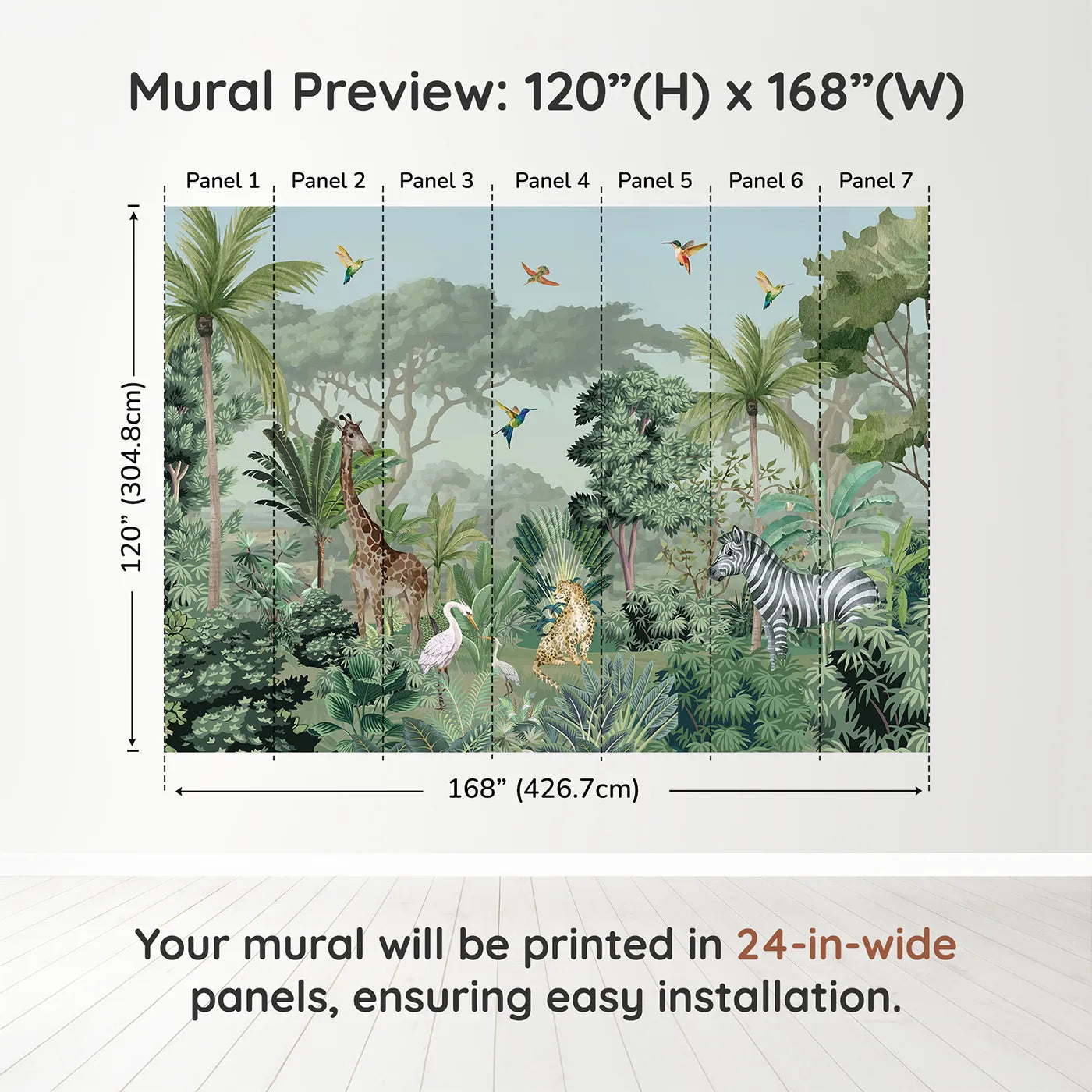Whimsy Tots Jungle Gathering Wall Mural in Green and Browndimension view (120" H x 168" W). Printed in seven 24-inch-wide panels. Gender-Neutral