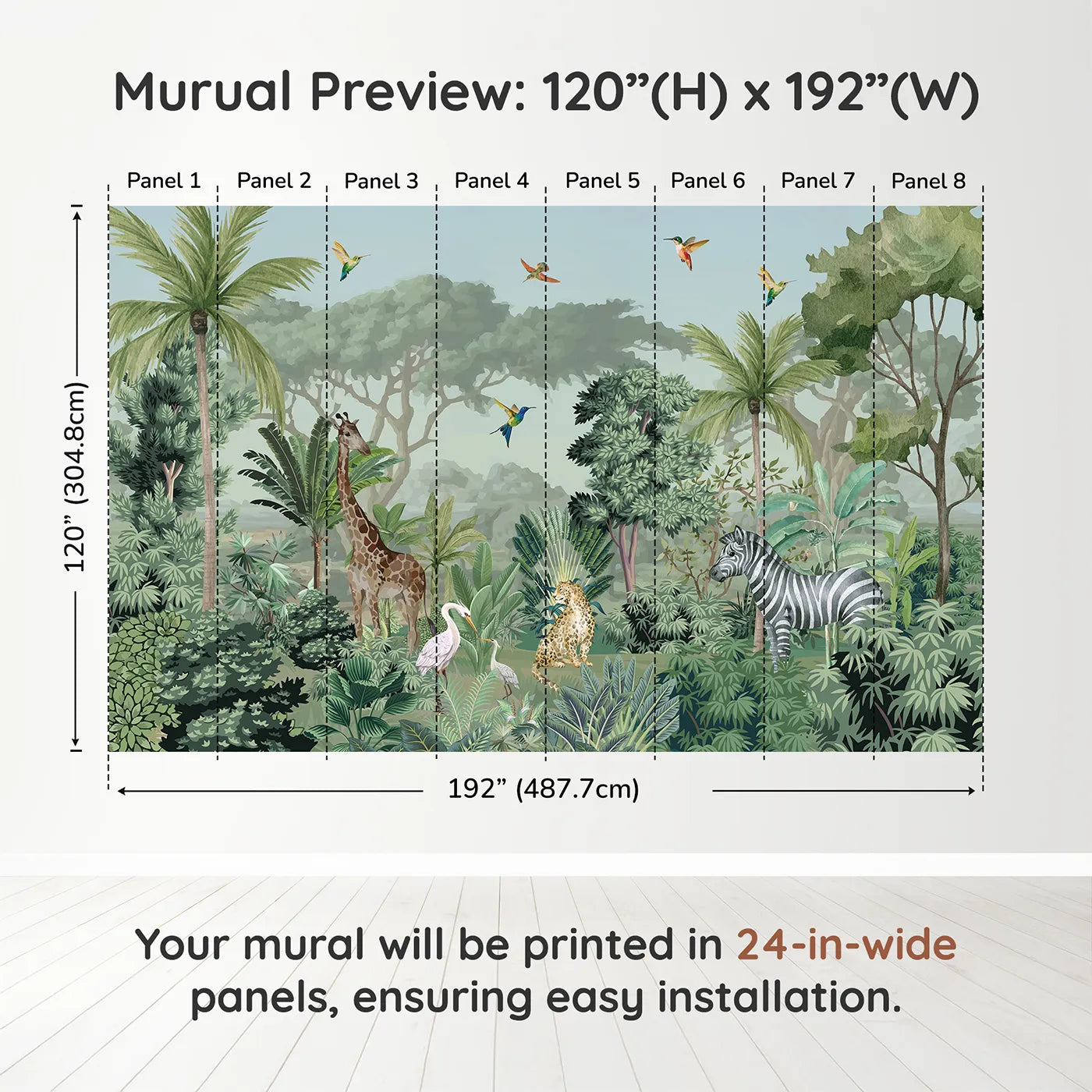 Whimsy Tots Jungle Gathering Wall Mural in Green and Browndimension view (120" H x 192" W). Printed in eight 24-inch-wide panels. Gender-Neutral