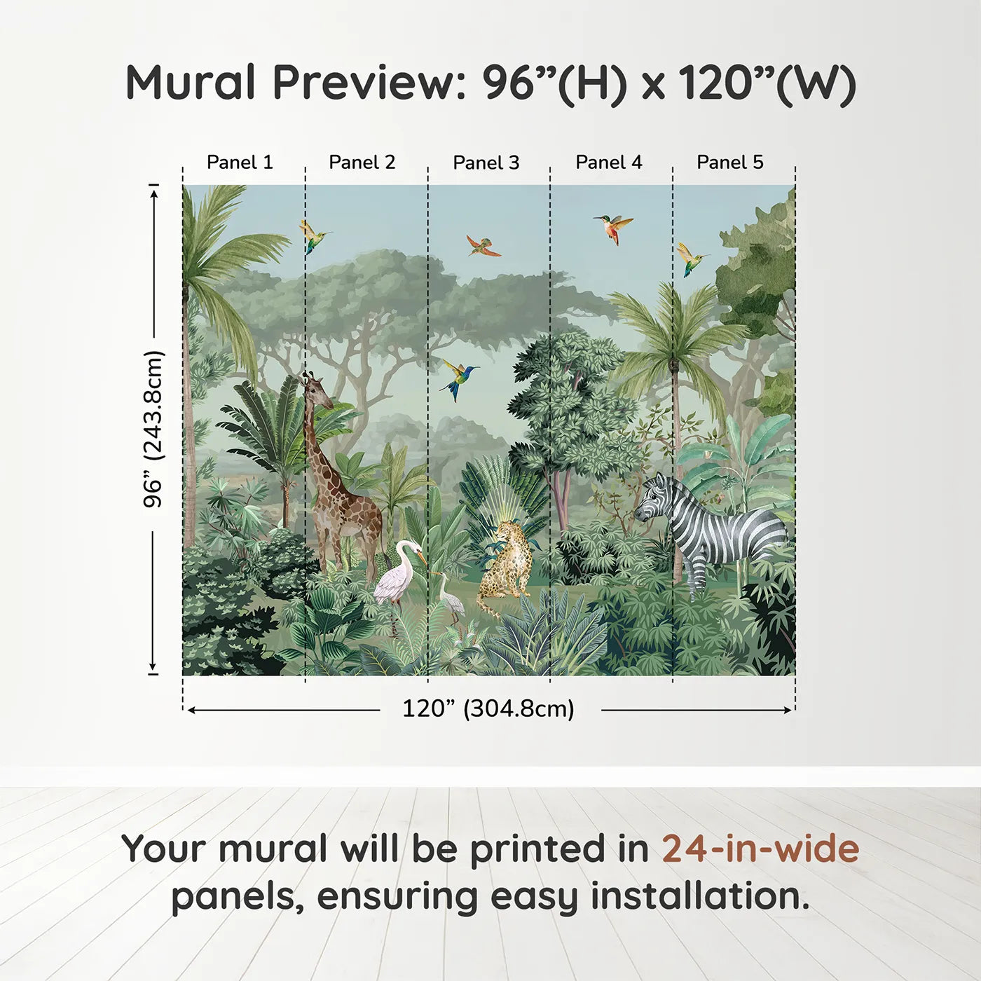 Whimsy Tots Jungle Gathering Wall Mural in Green and Browndimension view (96" H x 120" W). Printed in five 24-inch-wide panels. Gender-Neutral