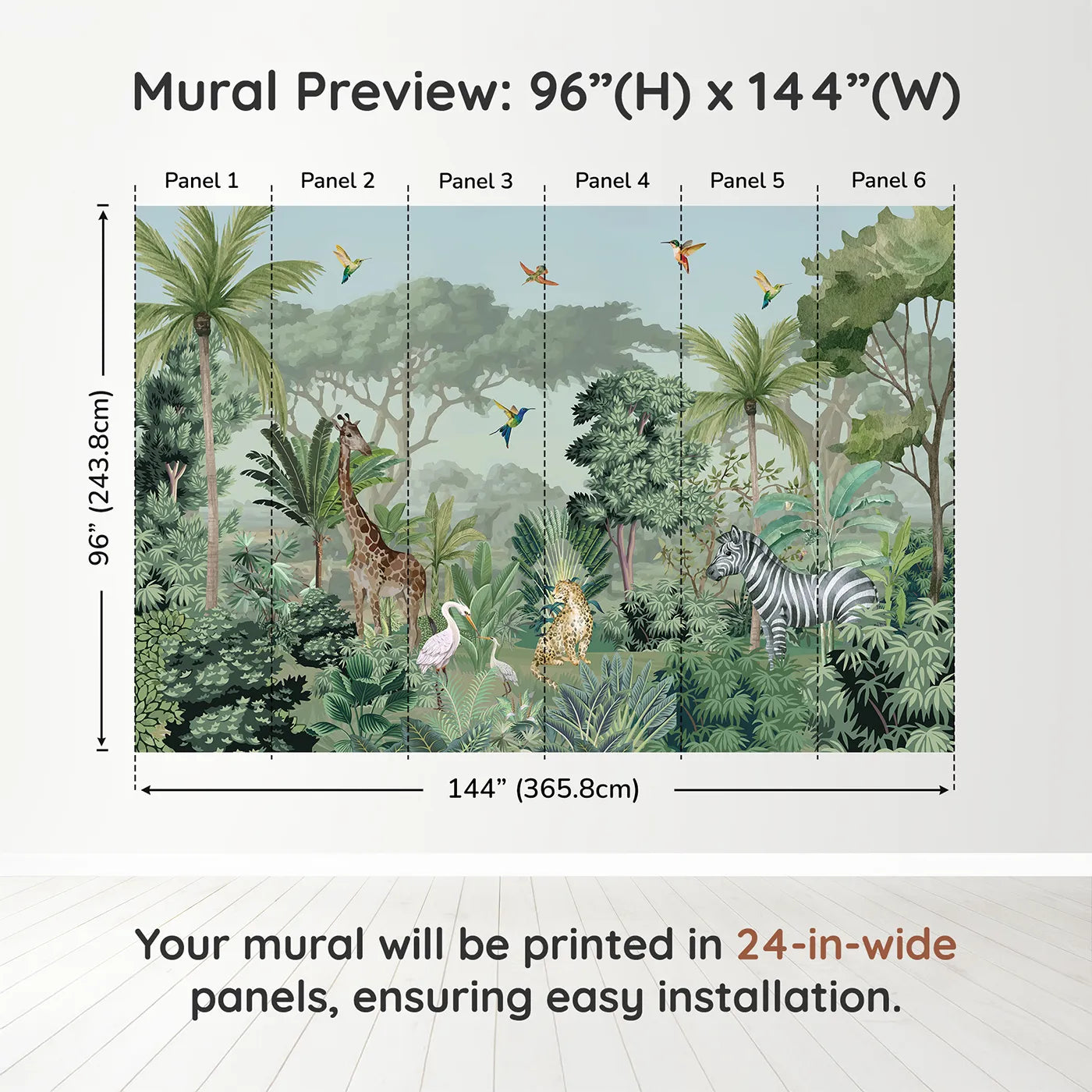 Whimsy Tots Jungle Gathering Wall Mural in Green and Browndimension view (96" H x 144" W). Printed in six 24-inch-wide panels. Gender-Neutral
