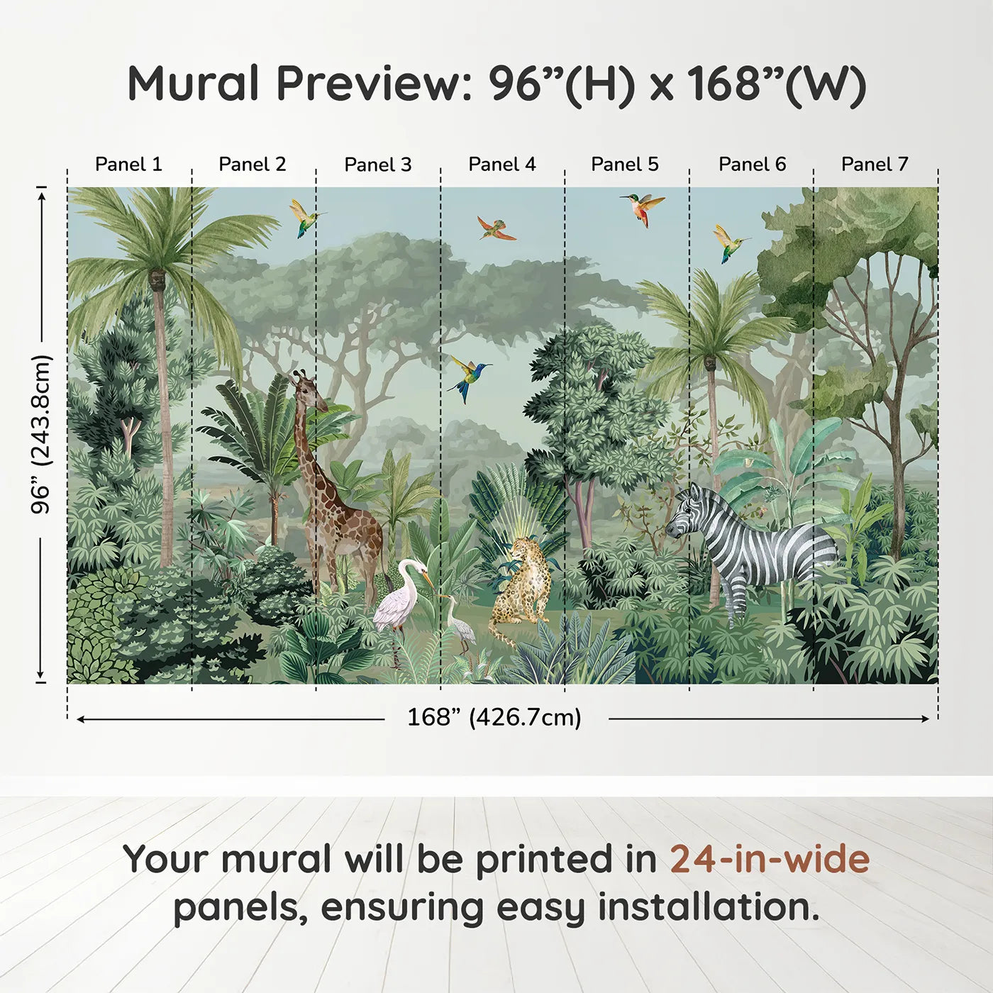 Whimsy Tots Jungle Gathering Wall Mural in Green and Browndimension view (96" H x 168" W). Printed in seven 24-inch-wide panels. Gender-Neutral