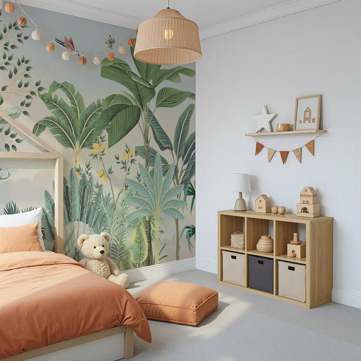 Angled view of Whimsy Tots' Tropical Garden Wall Mural in Yellow (Turn Their Room into a Lush, Hand-Painted Paradise).Gender-Neutral