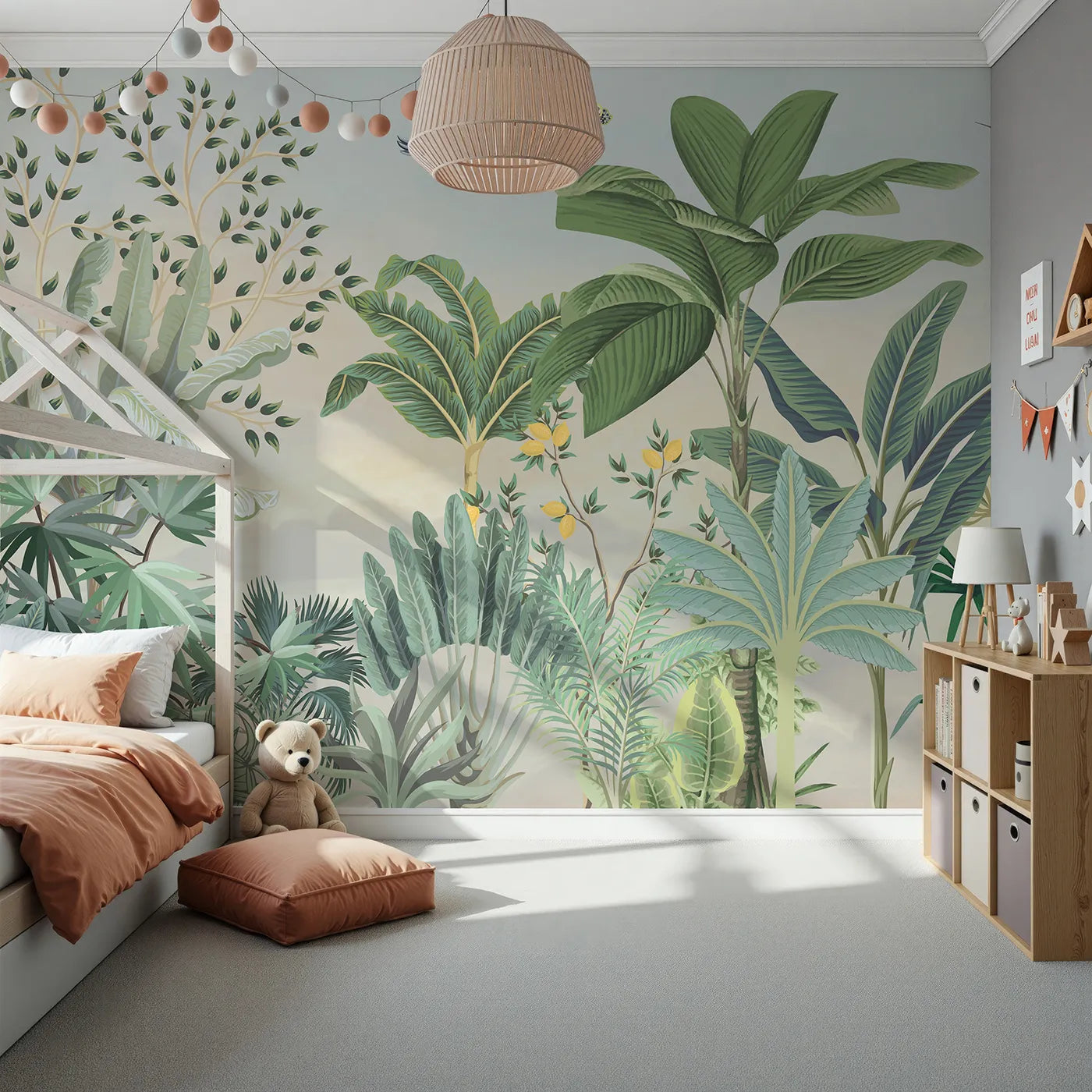 Front view of Whimsy Tots' Tropical Garden Wall Mural in Yellow