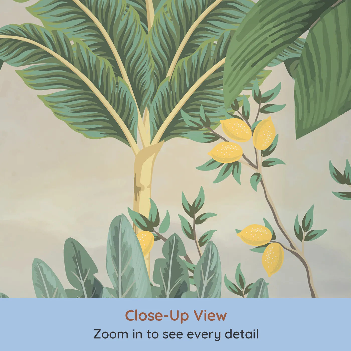 Close-up view of Whimsy Tots' Tropical Garden Wall Mural in Yellow (Turn Their Room into a Lush, Hand-Painted Paradise).Gender-Neutral