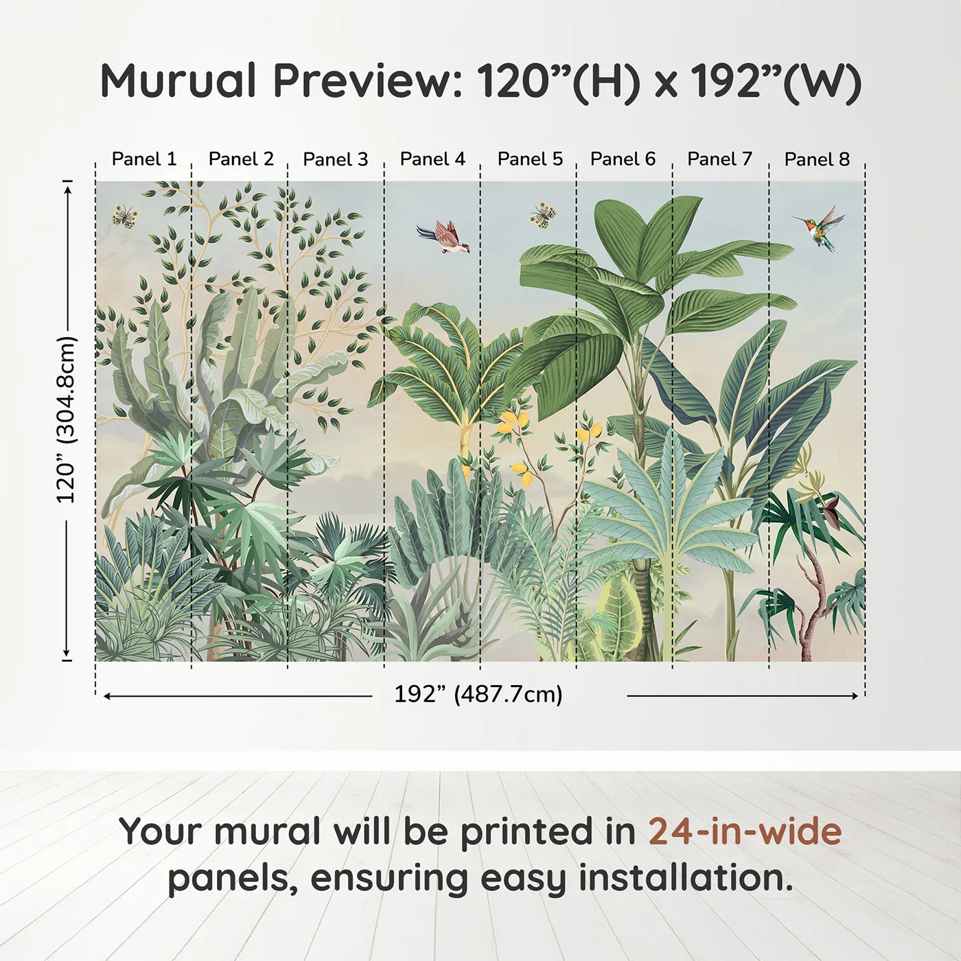 Whimsy Tots Tropical Garden Wall Mural in Yellowdimension view (120" H x 192" W). Printed in eight 24-inch-wide panels. Gender-Neutral