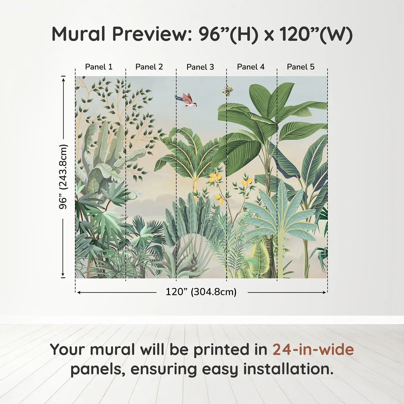 Whimsy Tots Tropical Garden Wall Mural in Yellowdimension view (96" H x 120" W). Printed in five 24-inch-wide panels. Gender-Neutral