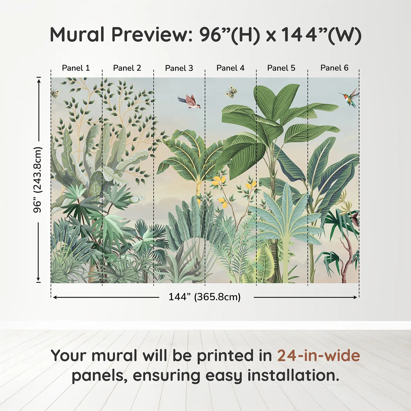 Whimsy Tots Tropical Garden Wall Mural in Yellowdimension view (96" H x 144" W). Printed in six 24-inch-wide panels. Gender-Neutral