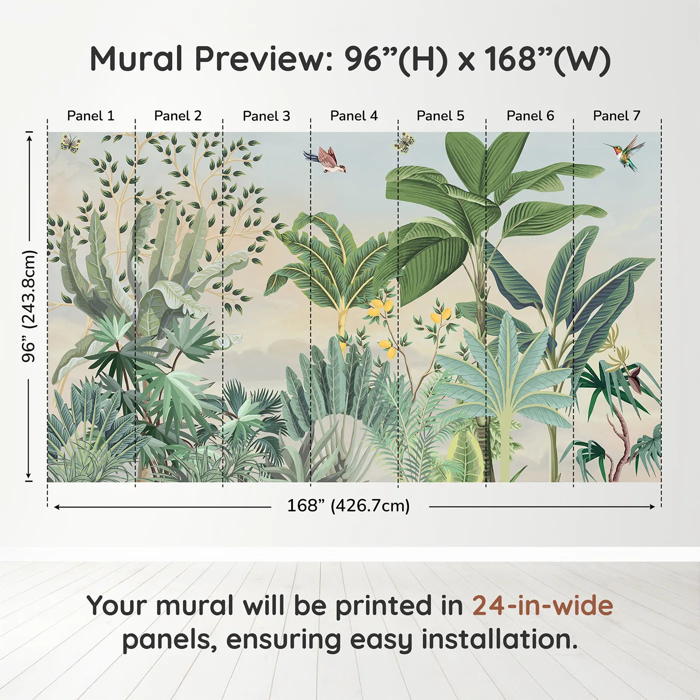 Whimsy Tots Tropical Garden Wall Mural in Yellowdimension view (96" H x 168" W). Printed in seven 24-inch-wide panels. Gender-Neutral