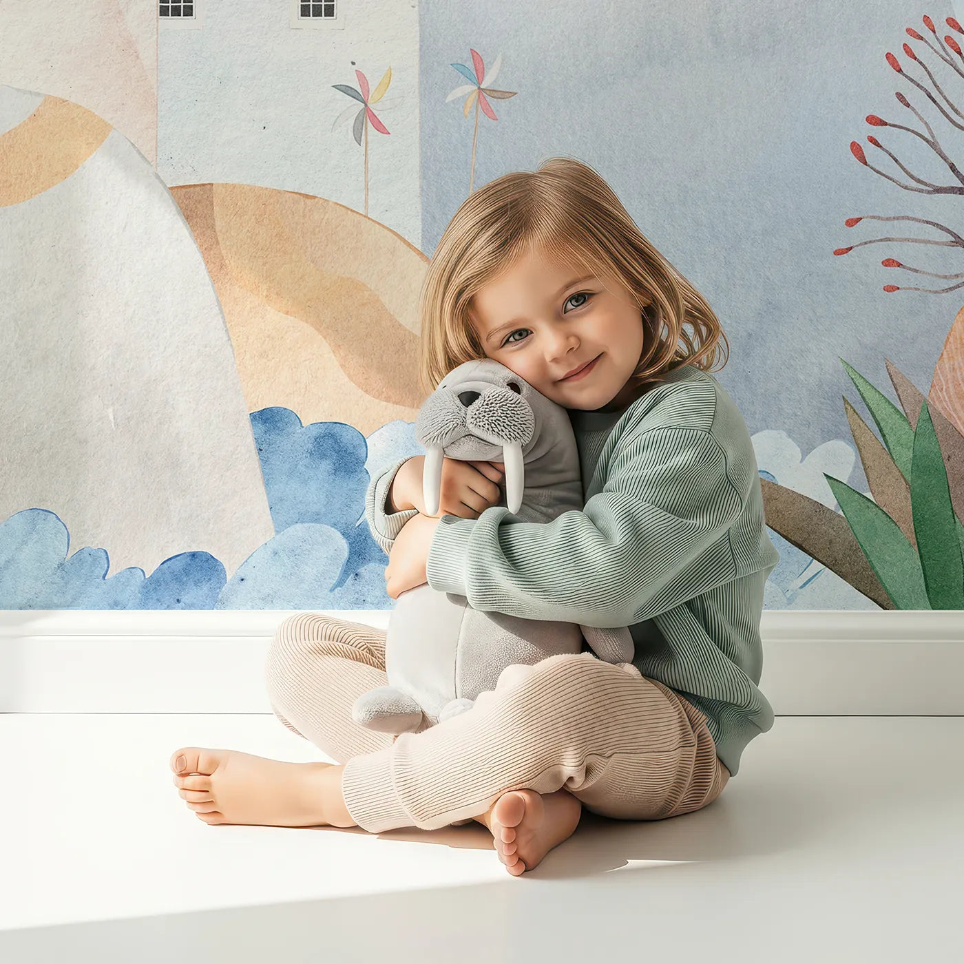 Child in front of Whimsy Tots Whimsical Castle Adventure Wall Mural with castle, whimsical, watercolor, adventure, tree, fantasy, cute, storybook in design.