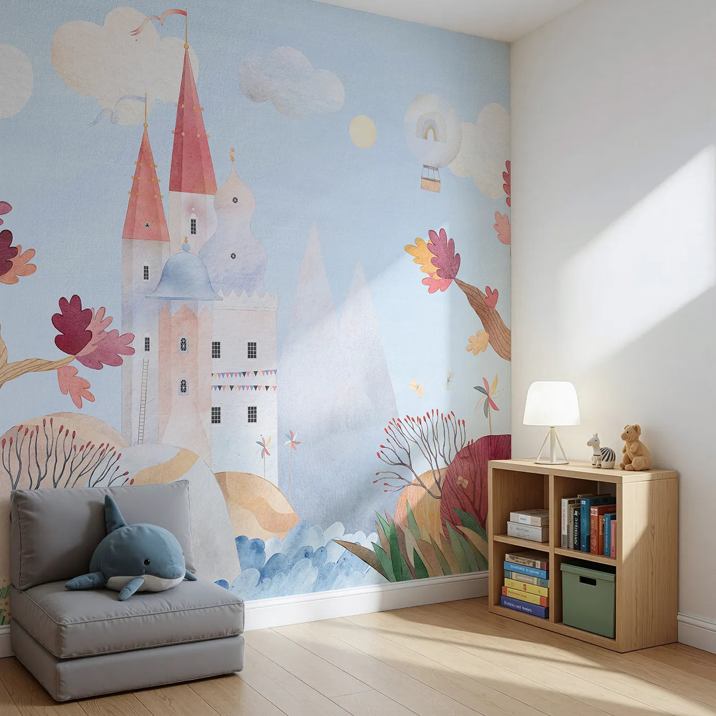 Angled view of Whimsy Tots' Whimsical Castle Adventure Wall Mural (Turn Their Room into a Whimsical, Storybook Kingdom).Gender-Neutral