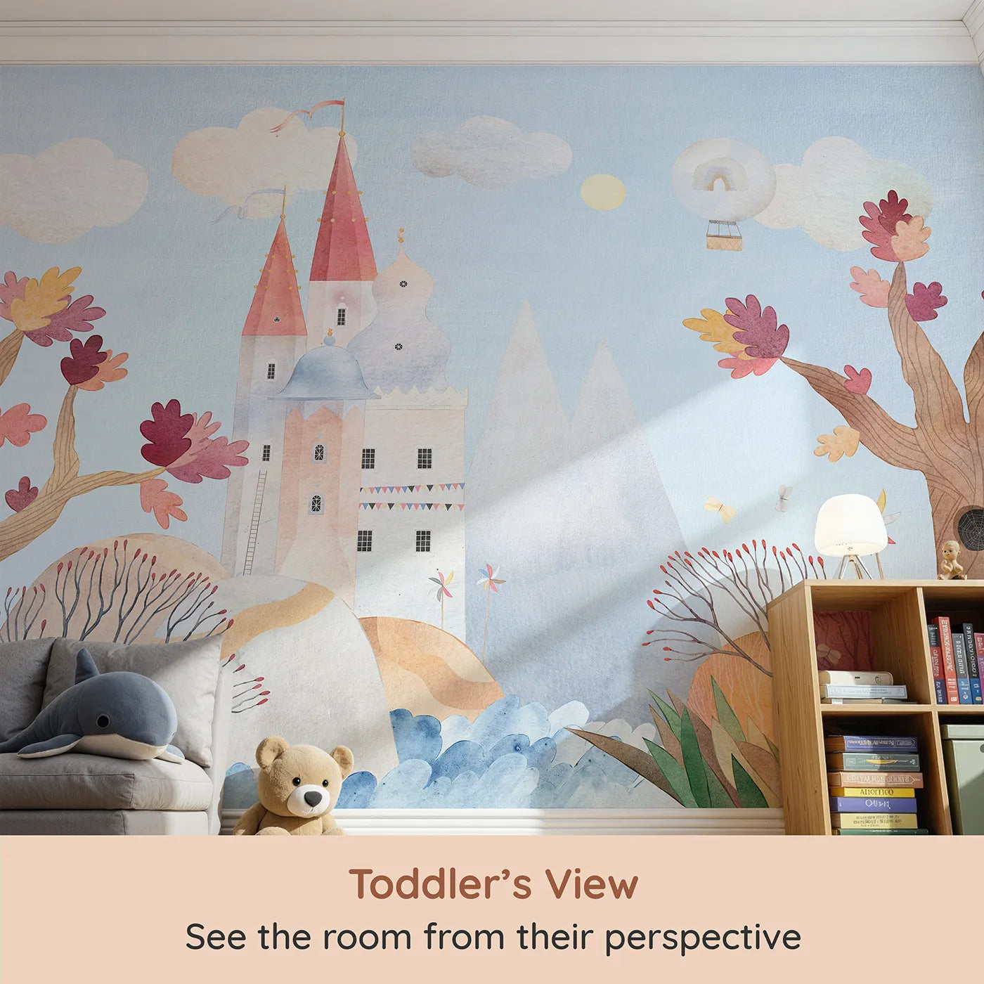 Whimsy Tots Whimsical Castle Adventure Wall Mural (Turn Their Room into a Whimsical, Storybook Kingdom) from your child's view.Gender-Neutral