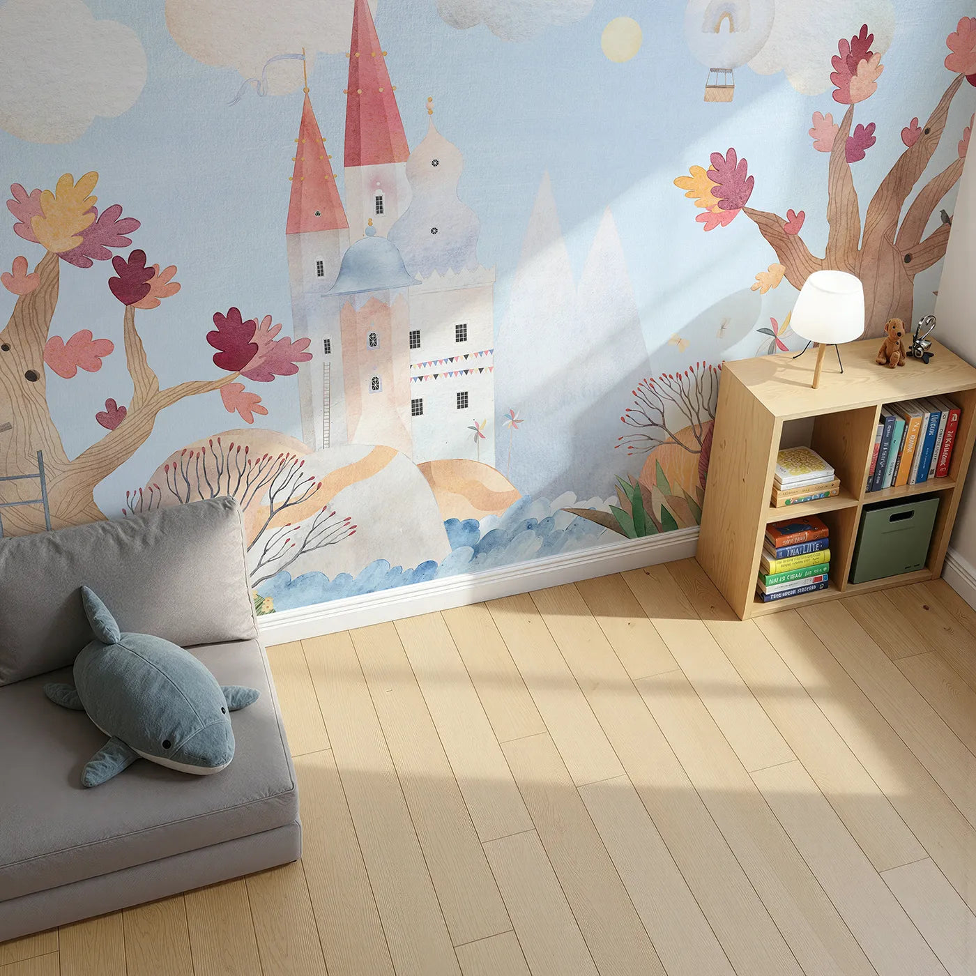 Top-down view of Whimsy Tots' Whimsical Castle Adventure Wall Mural (Turn Their Room into a Whimsical, Storybook Kingdom).Gender-Neutral