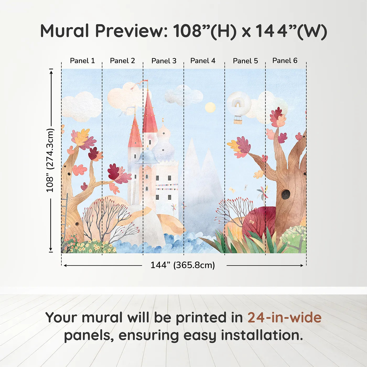 Whimsy Tots Whimsical Castle Adventure Wall Muraldimension view (108" H x 144" W). Printed in six 24-inch-wide panels. Gender-Neutral