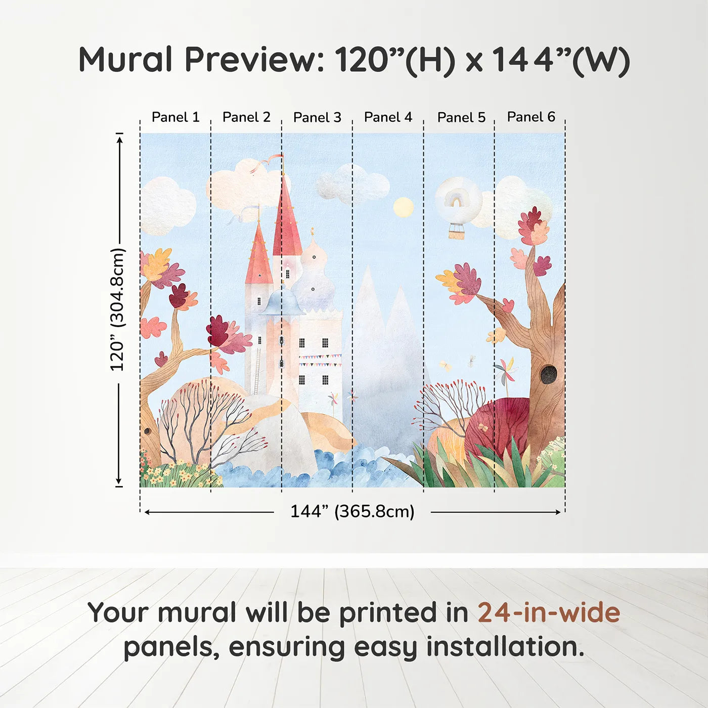 Whimsy Tots Whimsical Castle Adventure Wall Muraldimension view (120" H x 144" W). Printed in six 24-inch-wide panels. Gender-Neutral
