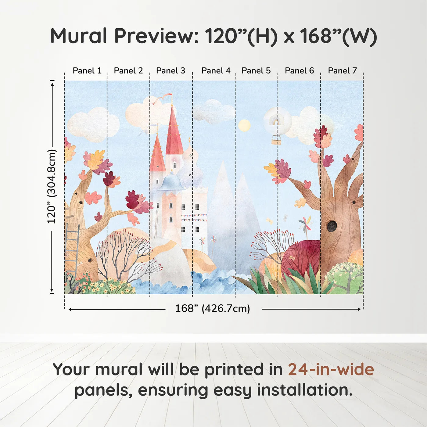 Whimsy Tots Whimsical Castle Adventure Wall Muraldimension view (120" H x 168" W). Printed in seven 24-inch-wide panels. Gender-Neutral
