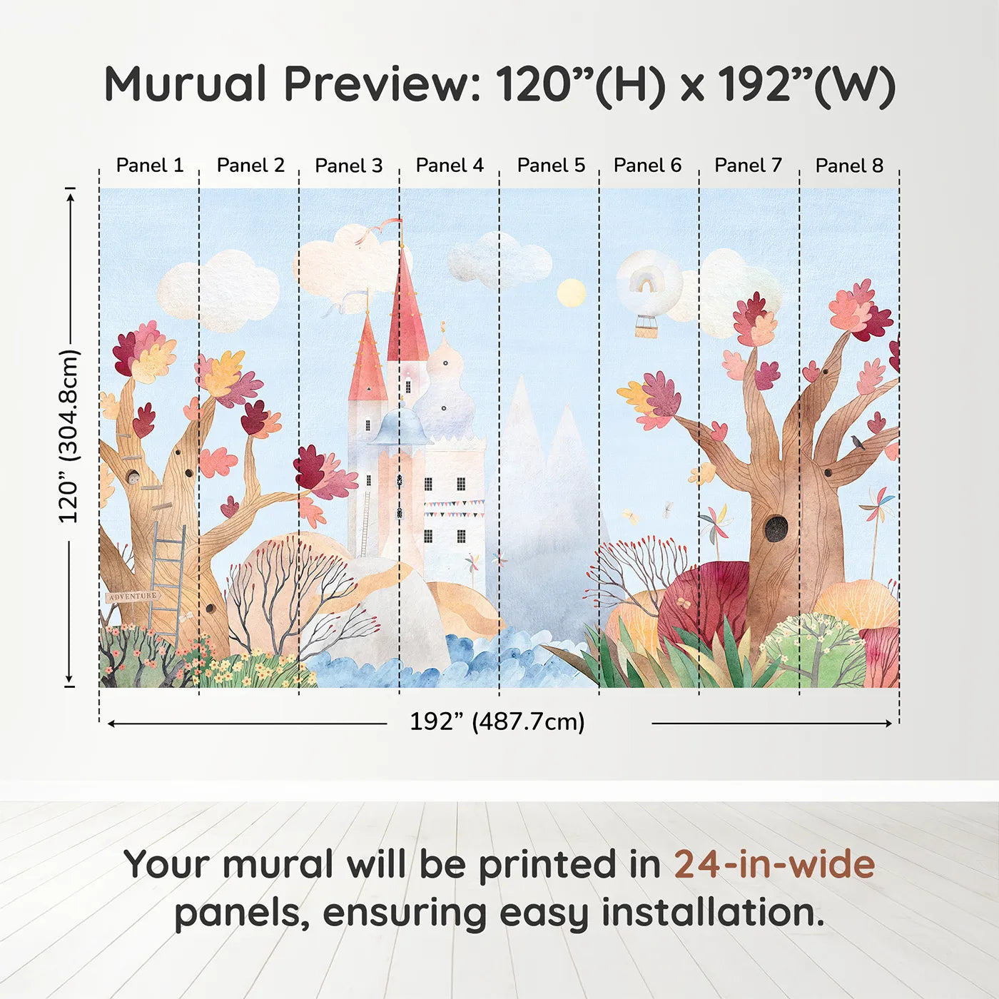 Whimsy Tots Whimsical Castle Adventure Wall Muraldimension view (120" H x 192" W). Printed in eight 24-inch-wide panels. Gender-Neutral