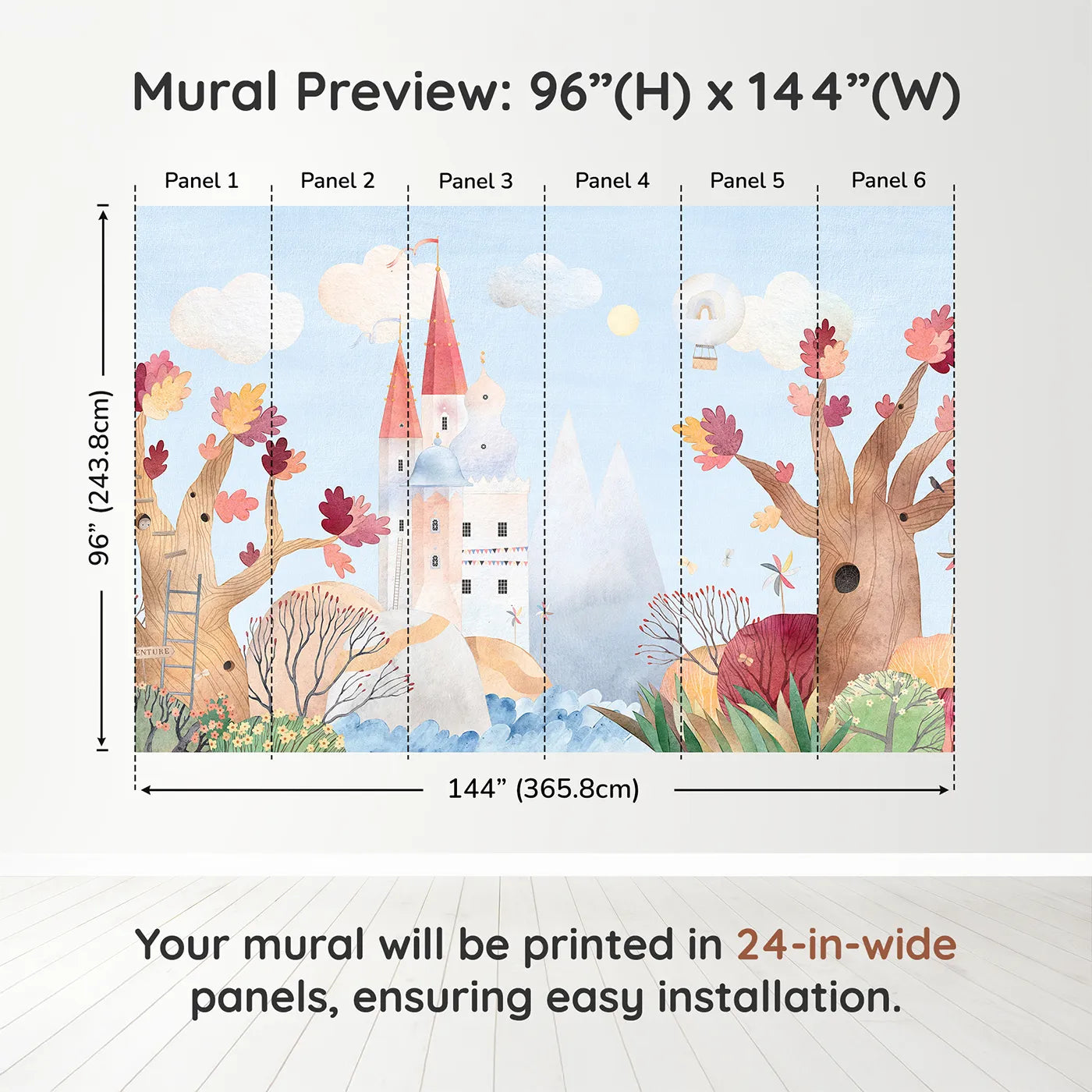 Whimsy Tots Whimsical Castle Adventure Wall Muraldimension view (96" H x 144" W). Printed in six 24-inch-wide panels. Gender-Neutral