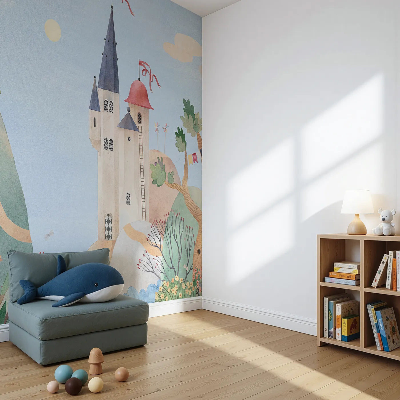 Angled view of Whimsy Tots' Whimsical Castle Village Wall Mural (Turn Their Room into a Whimsical, Storybook Kingdom).Gender-Neutral