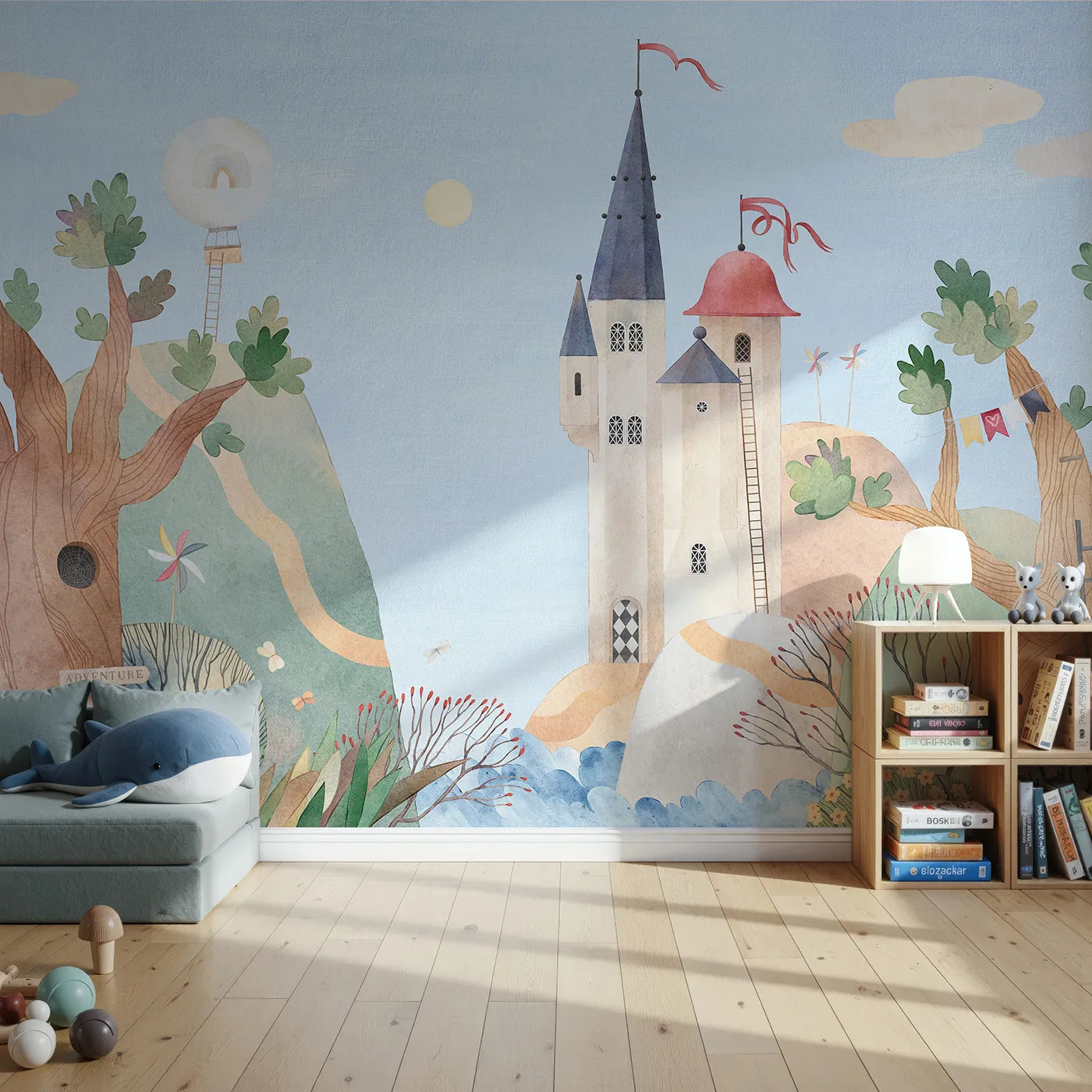 Front view of Whimsy Tots' Whimsical Castle Village Wall Mural