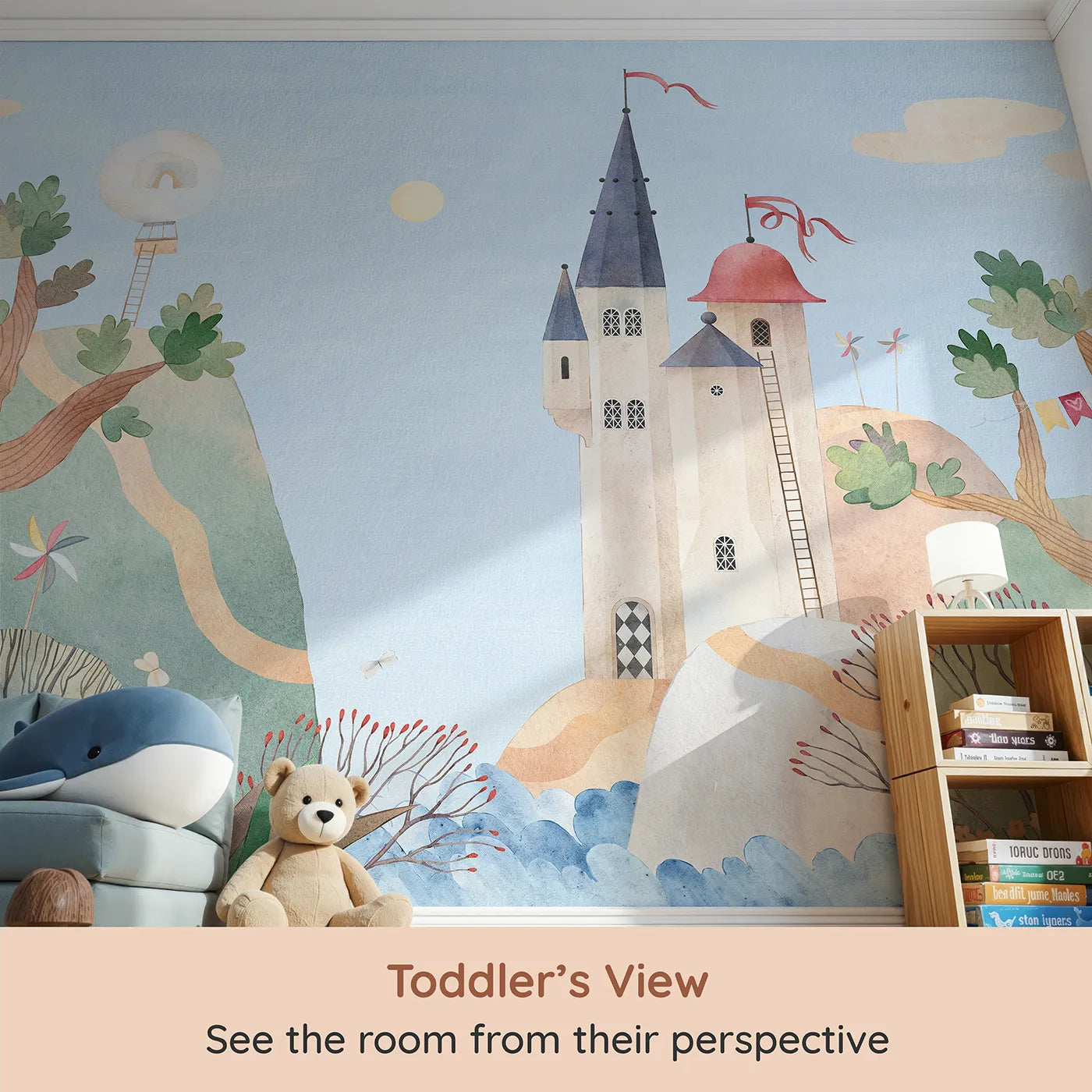 Whimsy Tots Whimsical Castle Village Wall Mural (Turn Their Room into a Whimsical, Storybook Kingdom) from your child's view.Gender-Neutral