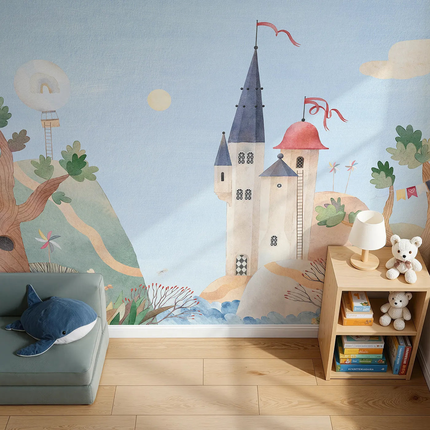 Top-down view of Whimsy Tots' Whimsical Castle Village Wall Mural (Turn Their Room into a Whimsical, Storybook Kingdom).Gender-Neutral