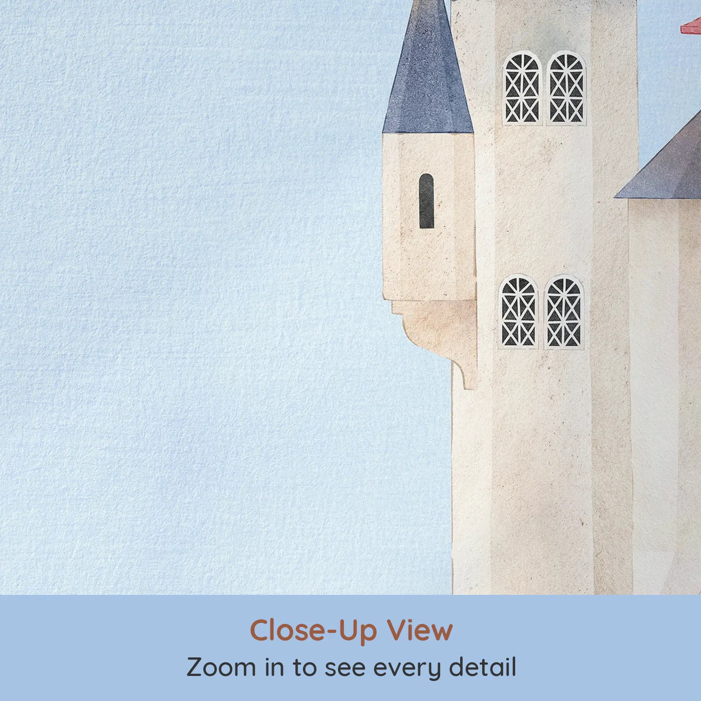 Close-up view of Whimsy Tots' Whimsical Castle Village Wall Mural (Turn Their Room into a Whimsical, Storybook Kingdom).Gender-Neutral
