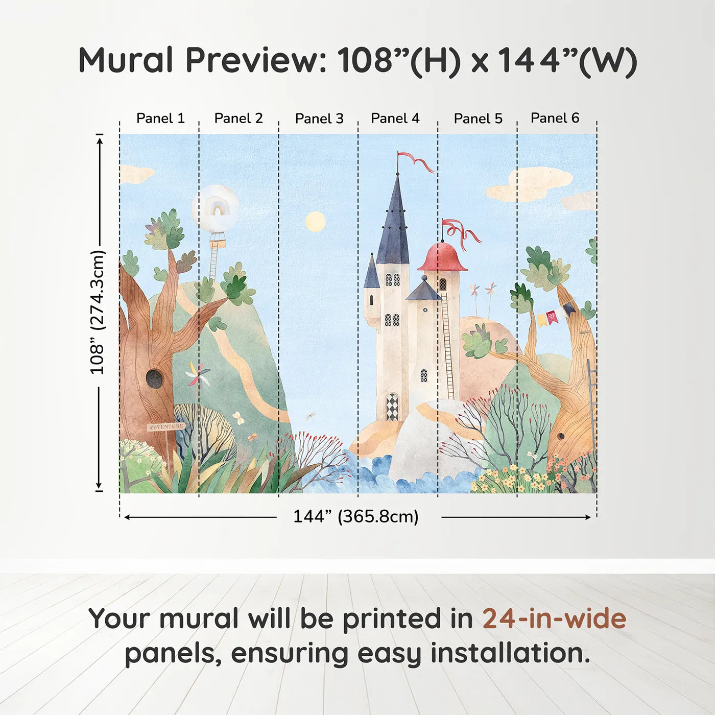 Whimsy Tots Whimsical Castle Village Wall Muraldimension view (108" H x 144" W). Printed in six 24-inch-wide panels. Gender-Neutral