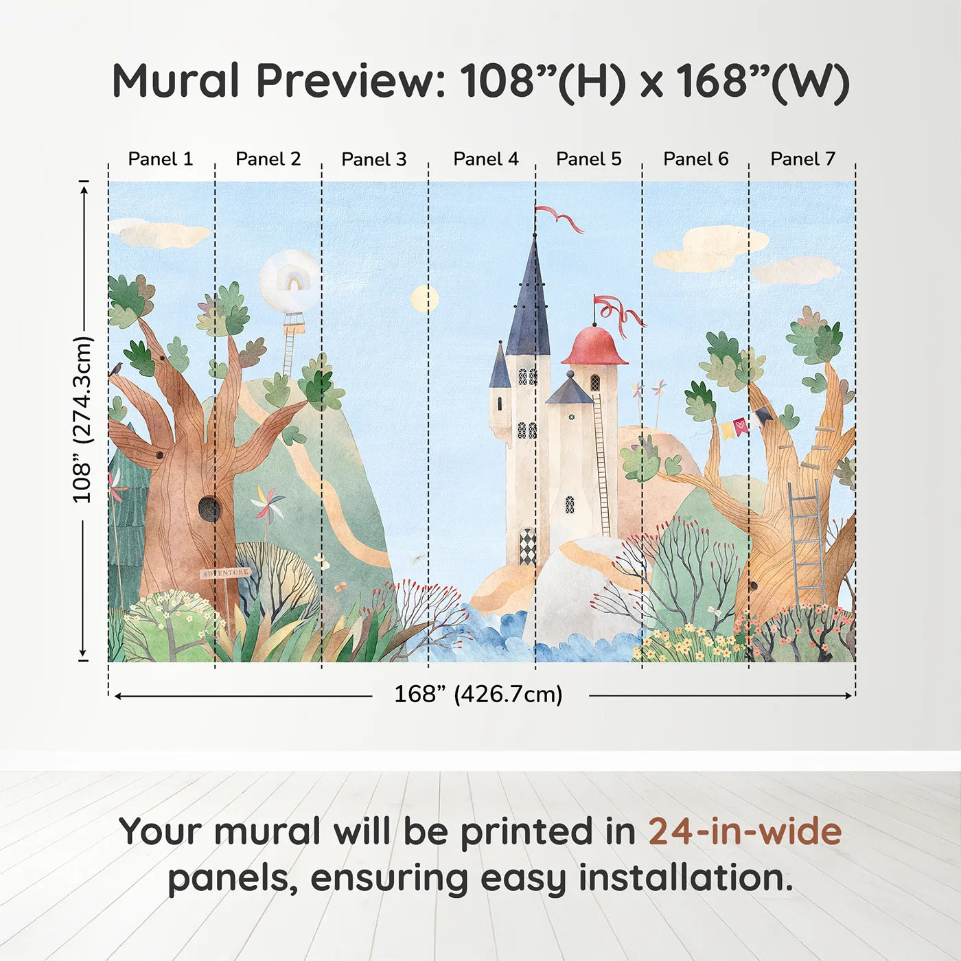 Whimsy Tots Whimsical Castle Village Wall Muraldimension view (108" H x 168" W). Printed in seven 24-inch-wide panels. Gender-Neutral