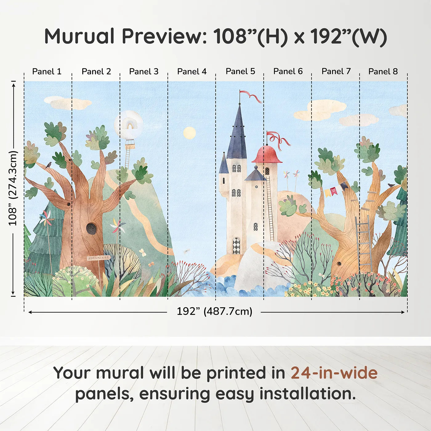 Whimsy Tots Whimsical Castle Village Wall Muraldimension view (108" H x 192" W). Printed in eight 24-inch-wide panels. Gender-Neutral